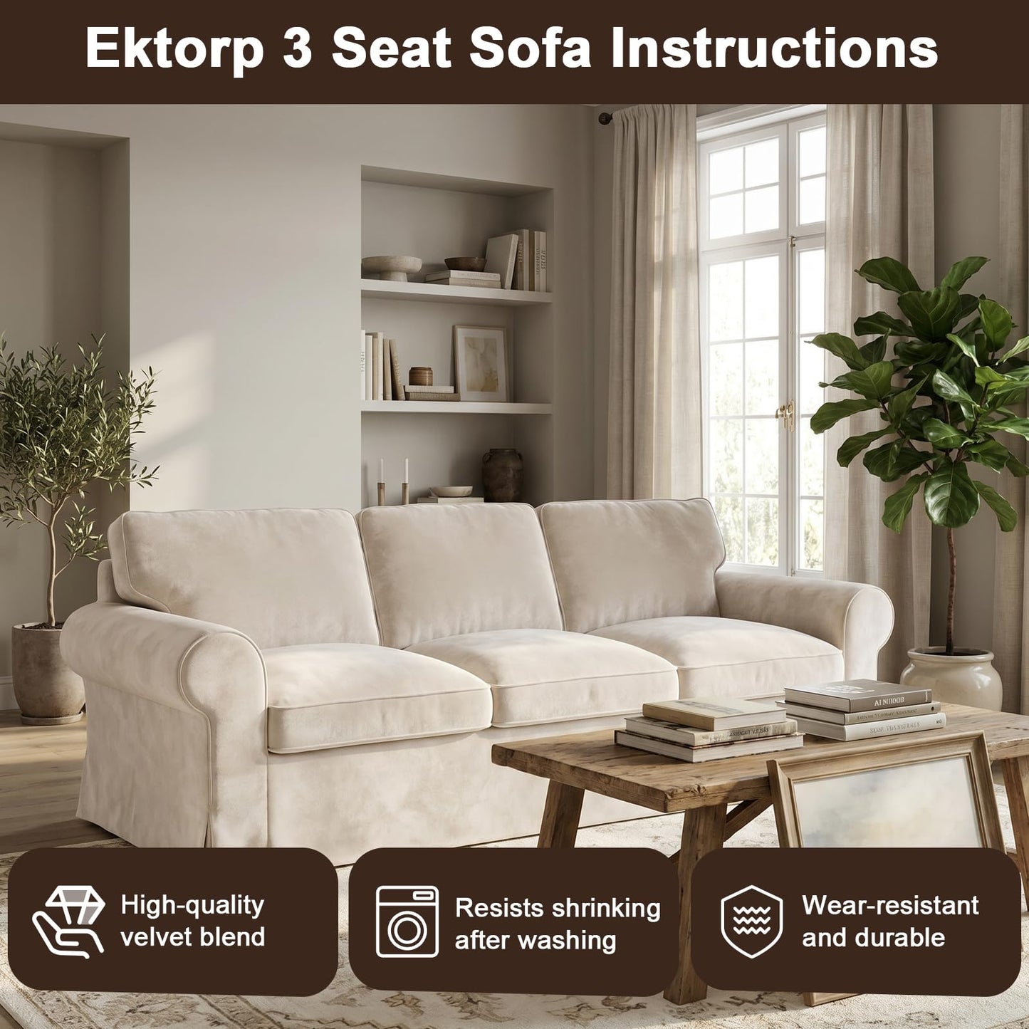 Velvet Pet-Friendly Replacement Sofa Cover Compatible for IKEA Ektorp 3 Seat Sofa Slipcovers, Couch Cover Only, 7-Piece Slipcover, Beige, Couch Cover Not Include The Sofa Body