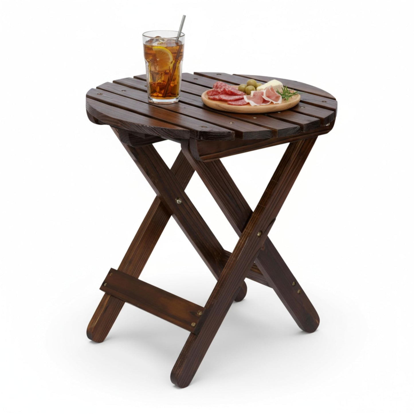 Shine Company Round Wooden Folding Solid Wood Side Table, Outdoor Adirondack Small Patio Table, Burnt Brown