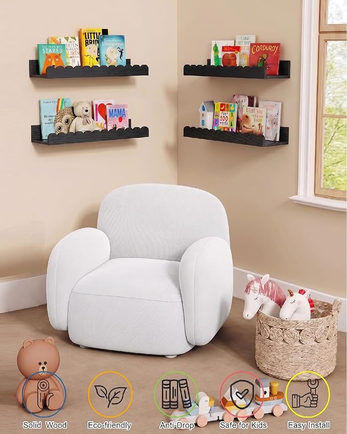 Harwaya Black Floating Nursery Wall Book Shelves Set of 4, Scalloped Shelves