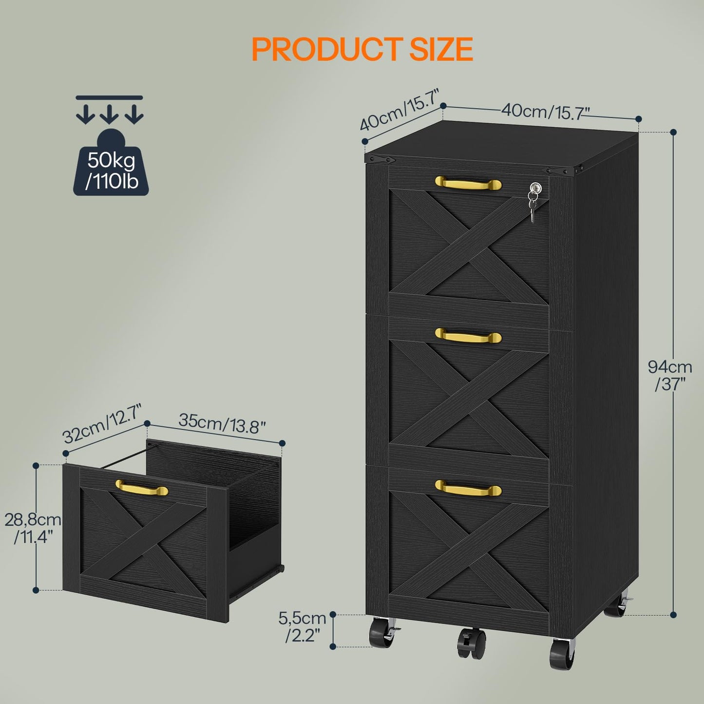 HOOBRO 3 Drawer File Cabinet with Lock, Mobile Filing Cabinet for Home Office, Wooden Farmhouse Office Storage Cabinet, Printer Stand Fits Letter and A4 Size, Black BK93WJ01