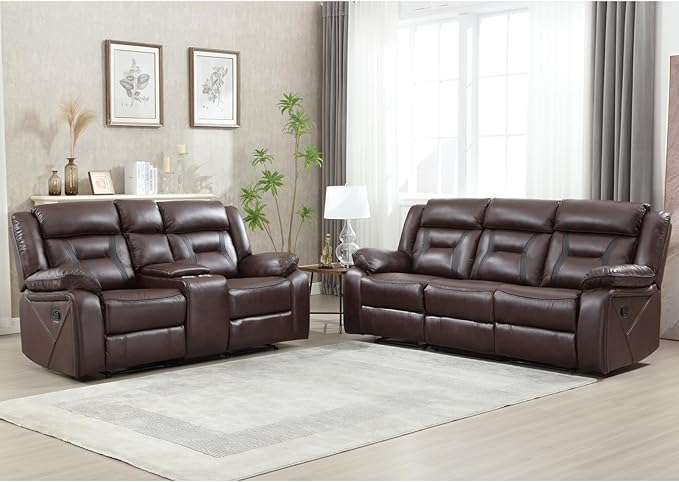 EBELLO Manual Recliner Sofa Set, Faux Leather Reclining Living Room Furniture