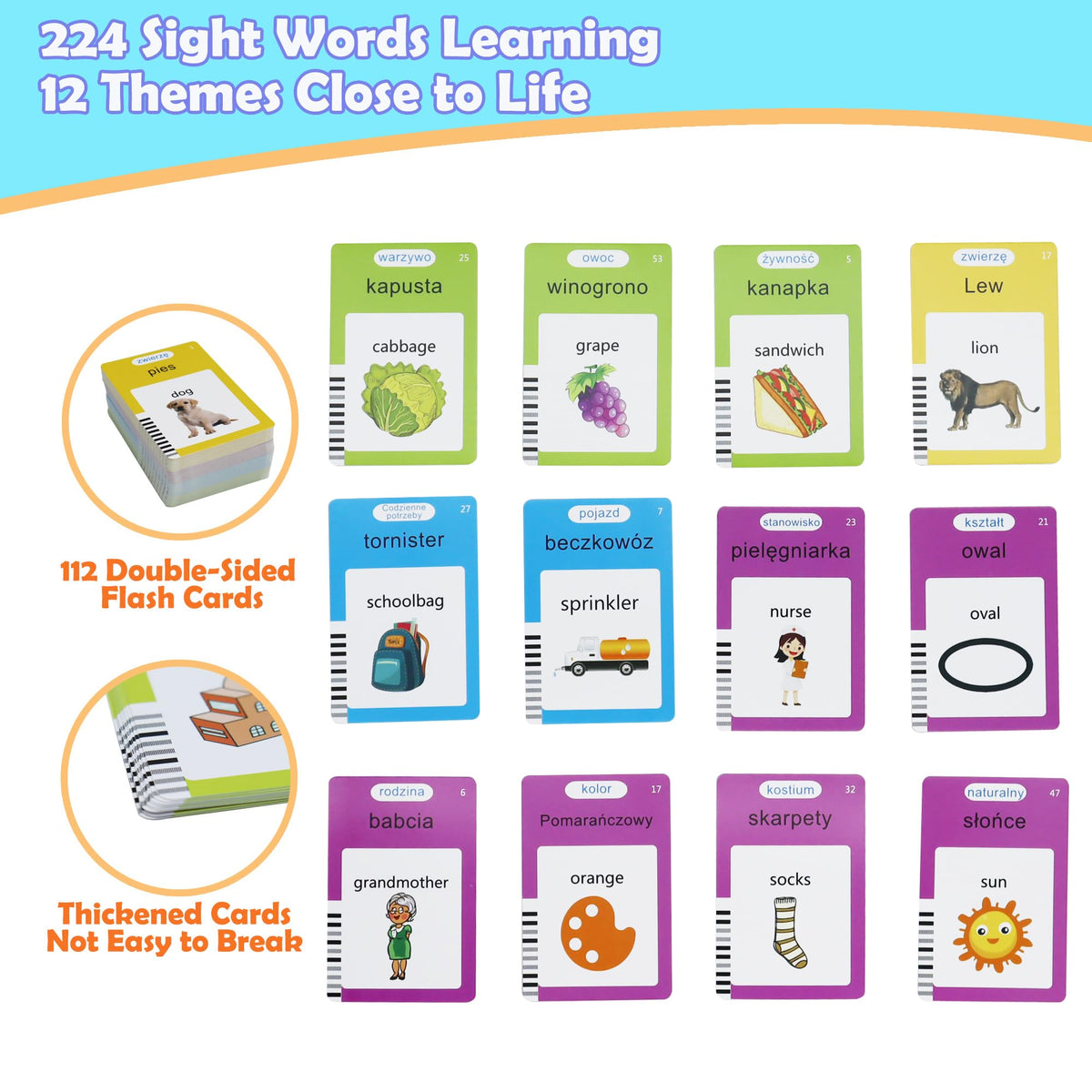 MAYAPHILOS 224 Sight Words Polish and English Talking Flash Cards Fun Polish Language Learning Toys for Kids, Learn Polish for Toddlers Sensory Preschool Educational Birthday Gifts