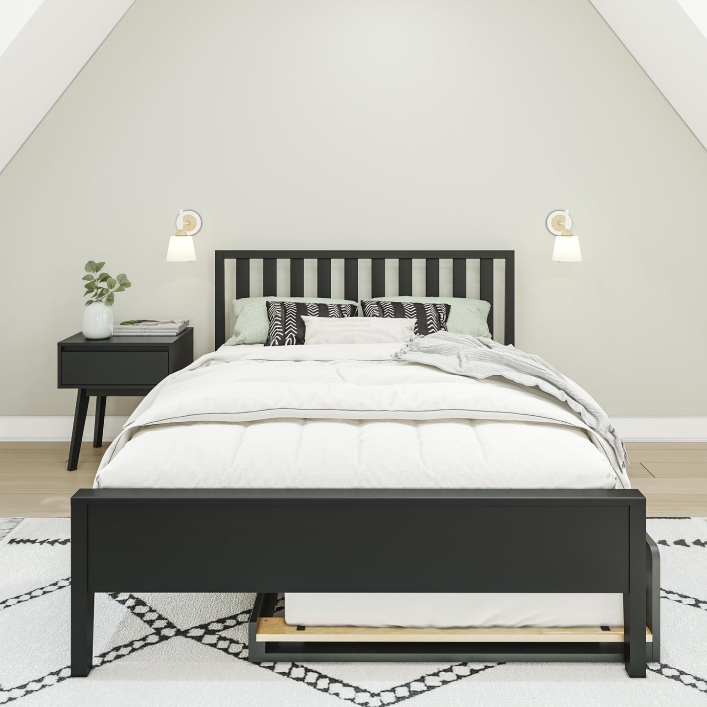 Max & Lily Scandinavian Panel Bed (Full), Slatted Headboard, with Trundle, Black