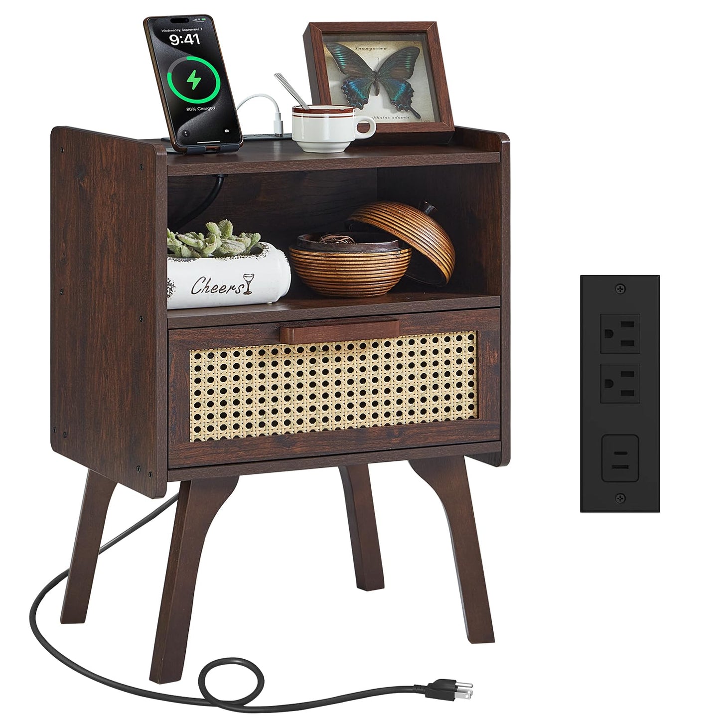 Lerliuo Rattan Nightstand with Charging Station, Walnut Bedside Table with Drawer Open Shelf, Cane Accent Side End Table with Solid Wood Legs, Night Stand for Bedroom, Dorm and Small Spaces