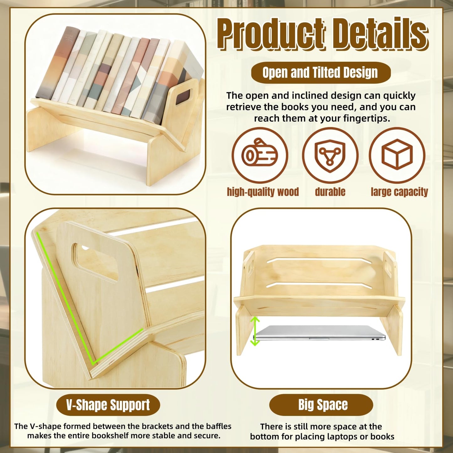 Acshio Wood Desktop Bookshelf, Tabletop Book Storage Rack Display Shelf with Handle, Tilting Office Bookcase Magazine Holder CD Rack for Office, Study Room, No Tools Required