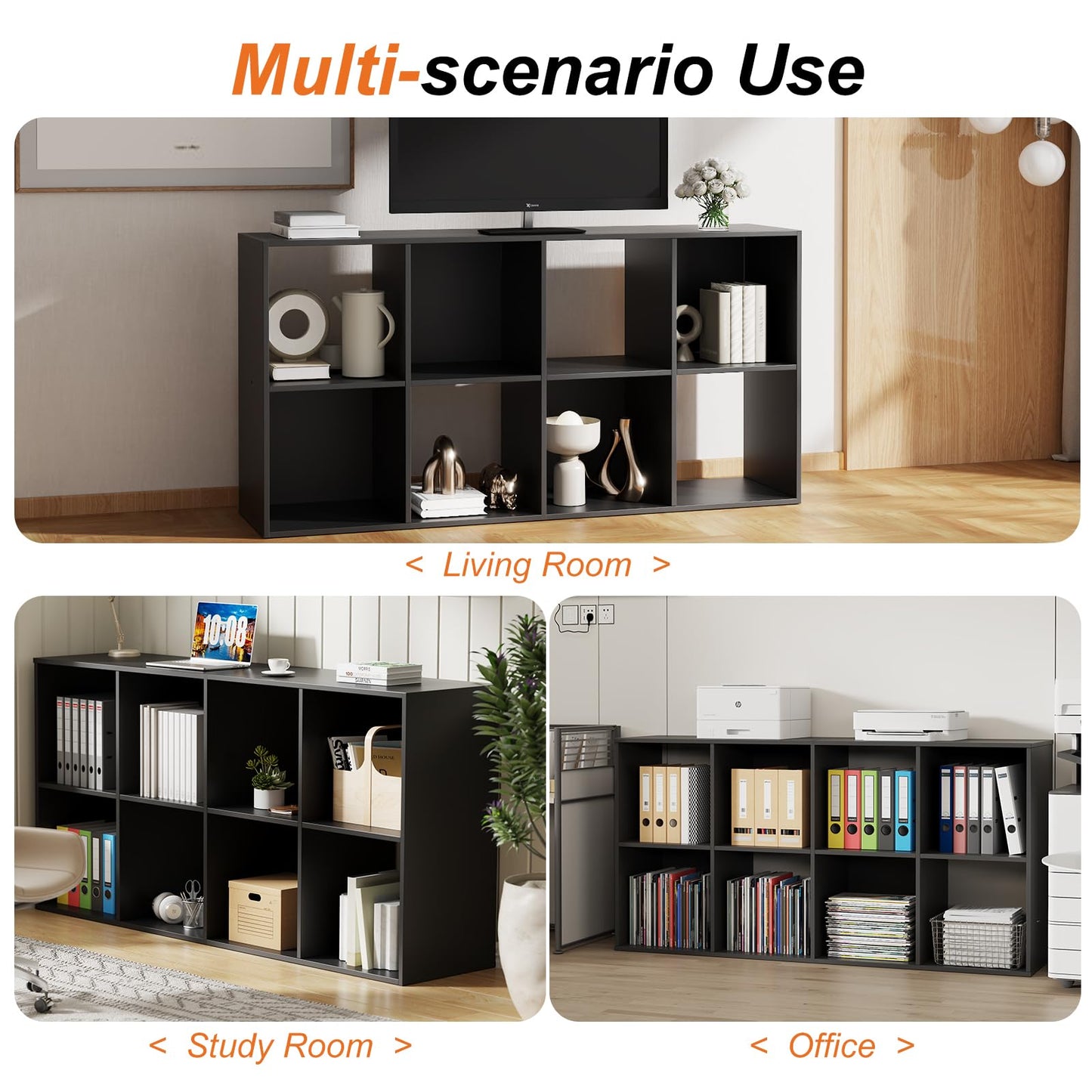 Sweetcrispy 8 Cube Storage Organizer - Open Cube Bookshelf with 4 Removable Back Panels, Display Storage Bookcase for Living Room, Bedroom, Entrance Hall, Home Office，47.7" Lx11.6 Wx24 H, Black