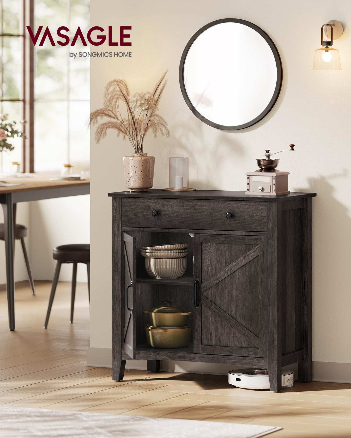 VASAGLE LIRY Collection - Buffet Cabinet, Coffee Bar Cabinet with a Drawer, Adjustable Shelf, Sideboard Storage with Cable Hole, Drawer Divider, Antique Charcoal UBBK341B02