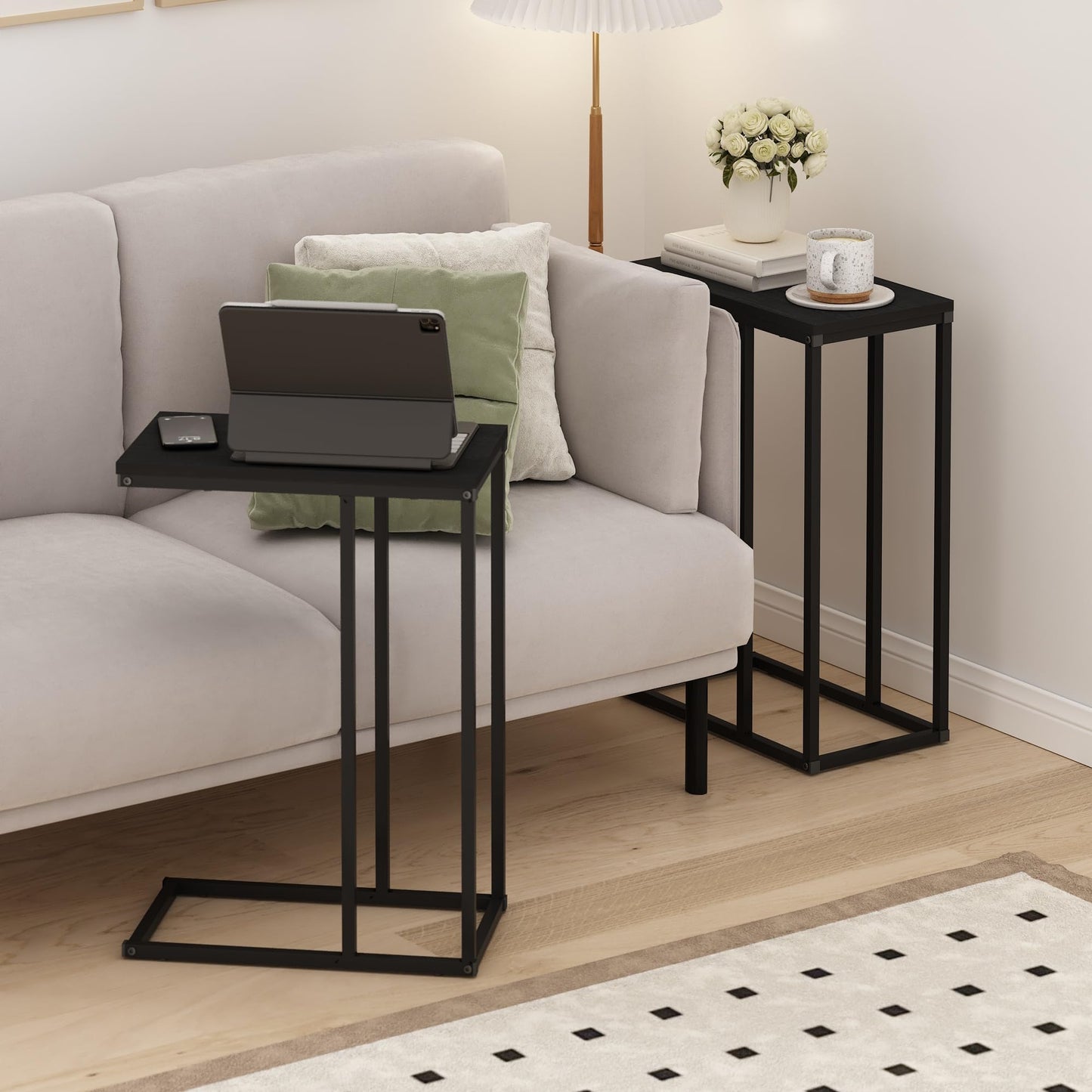 Furinno CAMNUS Side Table Set of 2, C-Shape Sofa End Table for Couch, Metal Frame Night Stand, Bedside Table, for Living Room, Bedroom, Americano