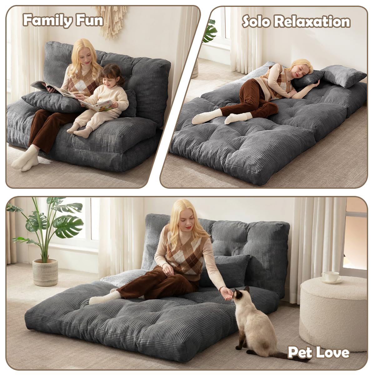 Folding Sofa Bed, Convertible Sleeper Chair with Pillow Foldable Mattress with Back Support, Portable Fold Out Chair Bed Comfy Floor Sofa Lounge for Living Room Bedroom, Dark Gray Full 80x54 Inch