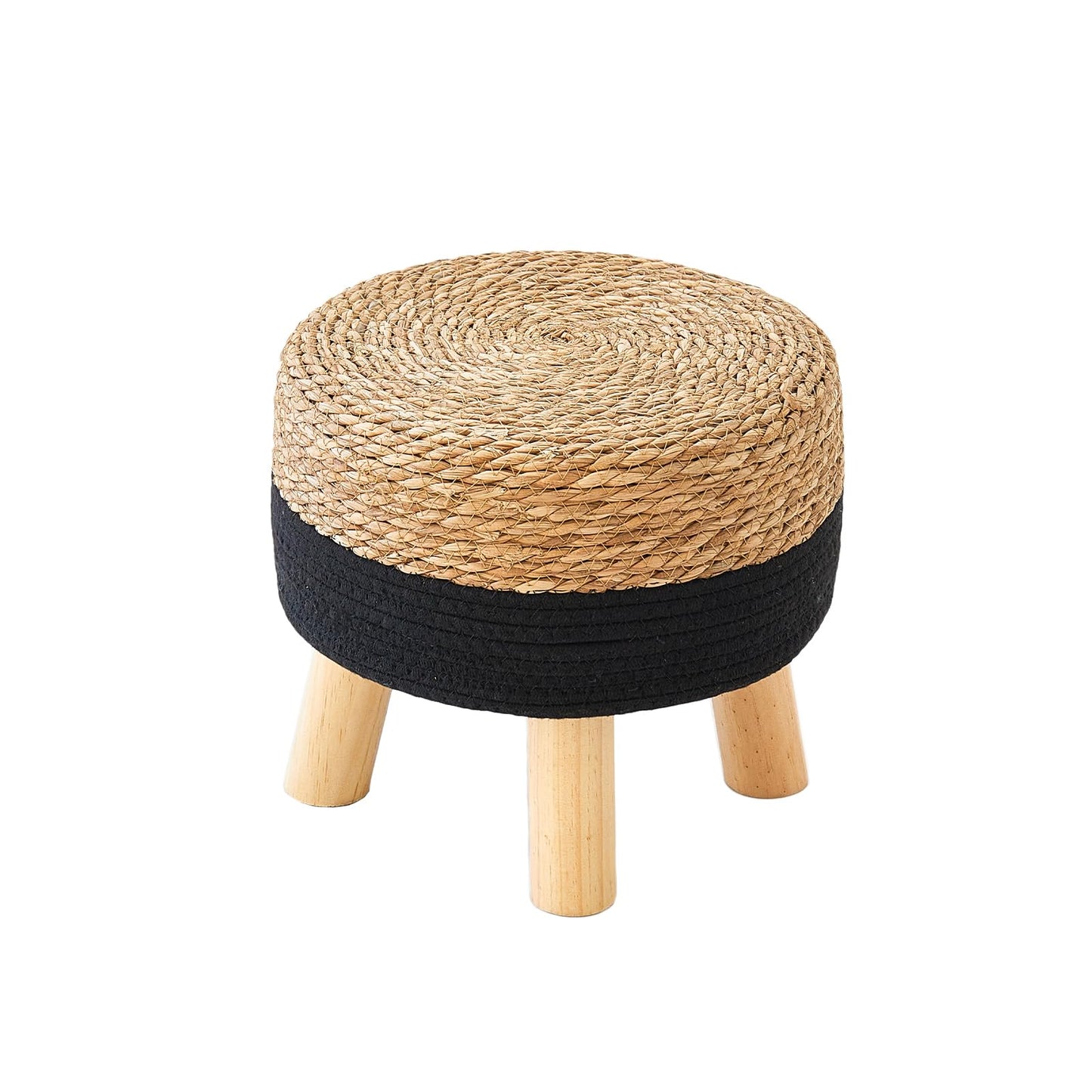 ALeesing Round Ottoman Natural Seagrass Footstool, Foot Stool with 4 Wood Legs, Hand Woven Round Footstool, Sofa Stool, Multifunctional Modern Dressing Stool, Sofa Side Table for Bedroom (Black)