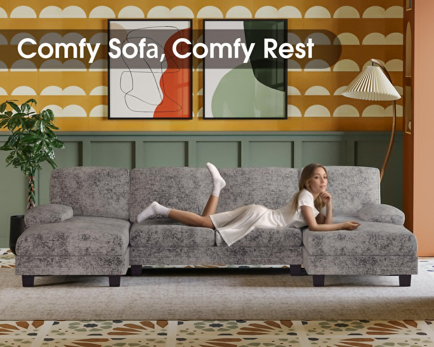 BYAZET Sectional Couches for Living Room, U-Shaped Sofa Couch with Linen Fabric, 4 Seat Sofa Set with Double Chaise for Apartment (Fabric, Grey)