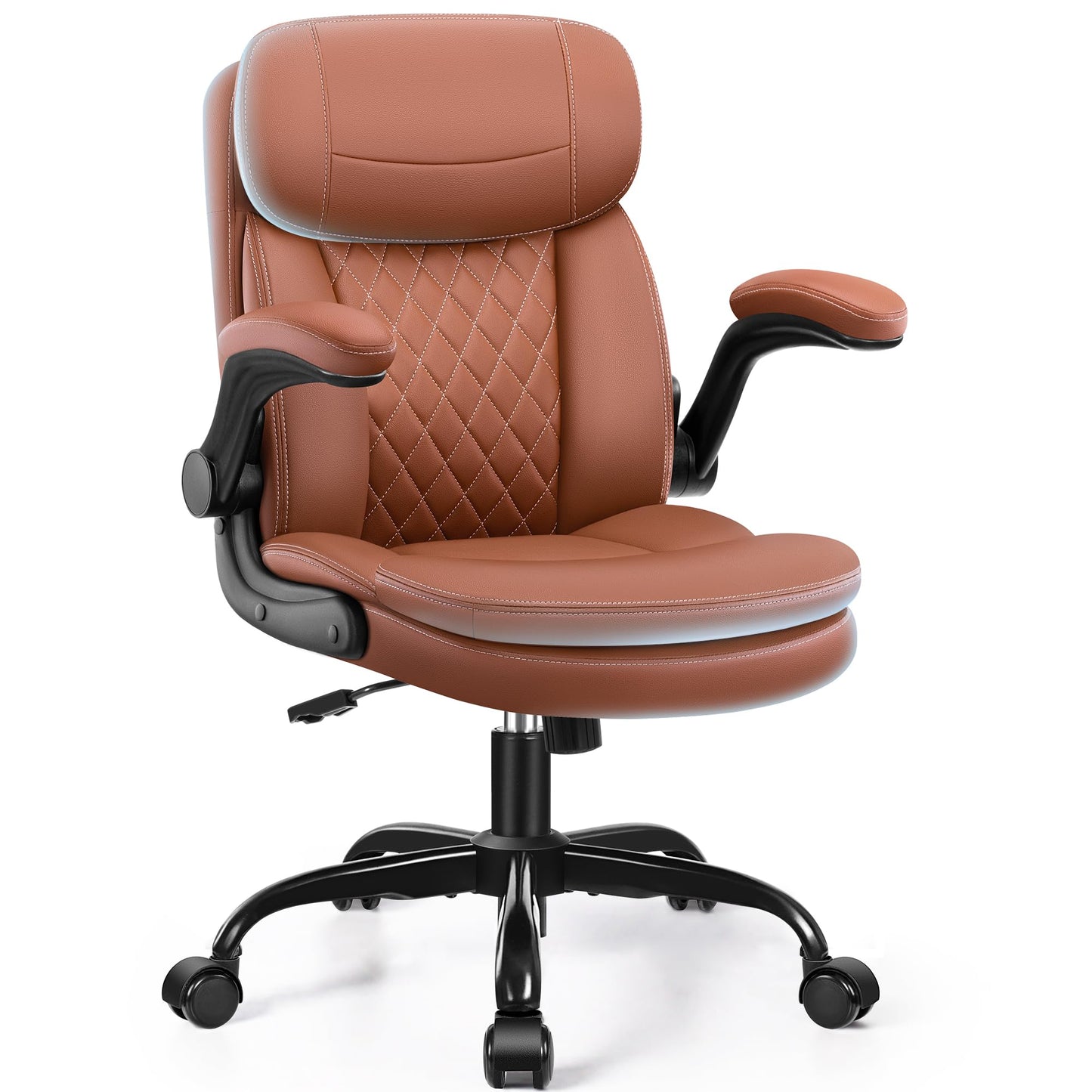 Leather Office Chair, Upgraded Double-Layer Seat Cushion and Neckrest PU Computer Desk Chairs, 360°Swivel, Ergonomic Small Gaming Chair with Wheels and Adjustable Armrests for Short People, Brown