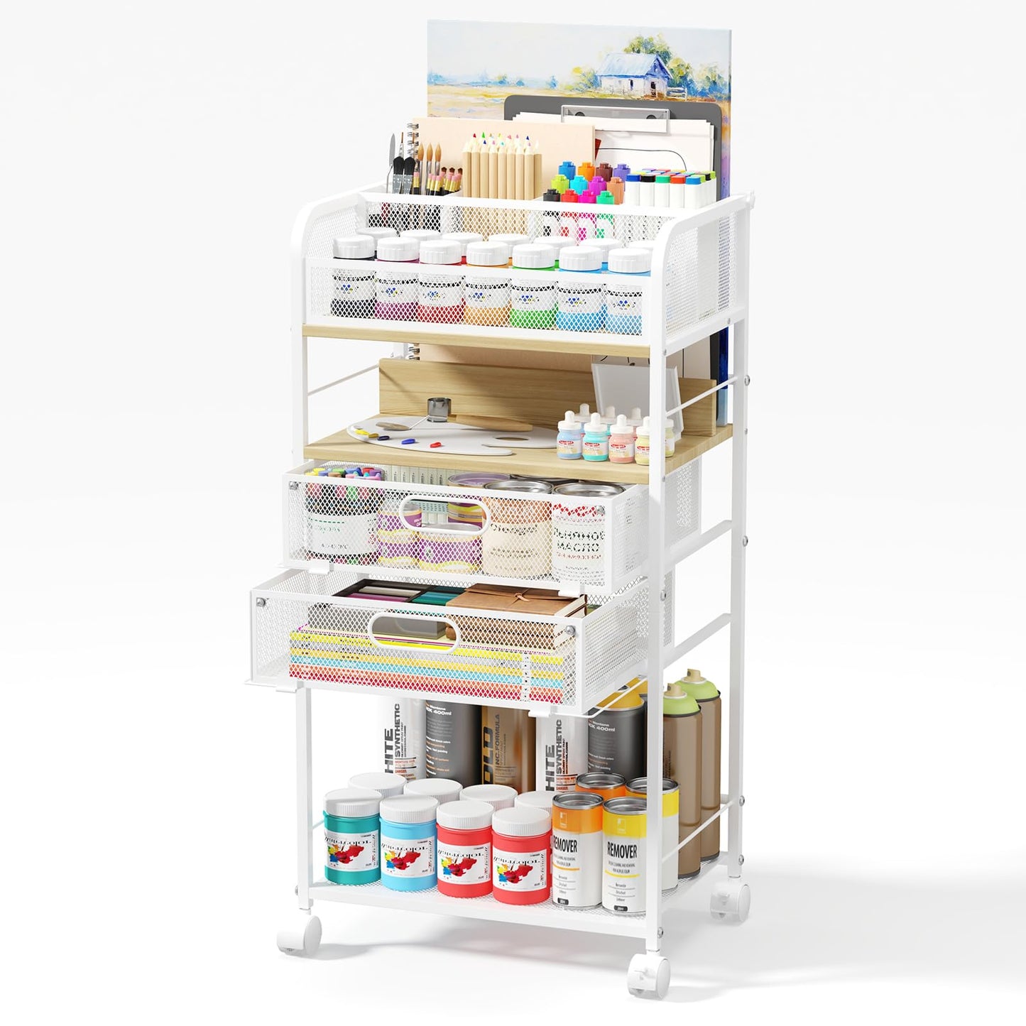 Homsorout Art cart, 5 Tier Rolling Cart - Utility Cart with Storage Drawer and Wheels, Versatile Art & Craft Organizer for Home, Office, or Studio Ideal for Storing Brushes, Paints （Maple）