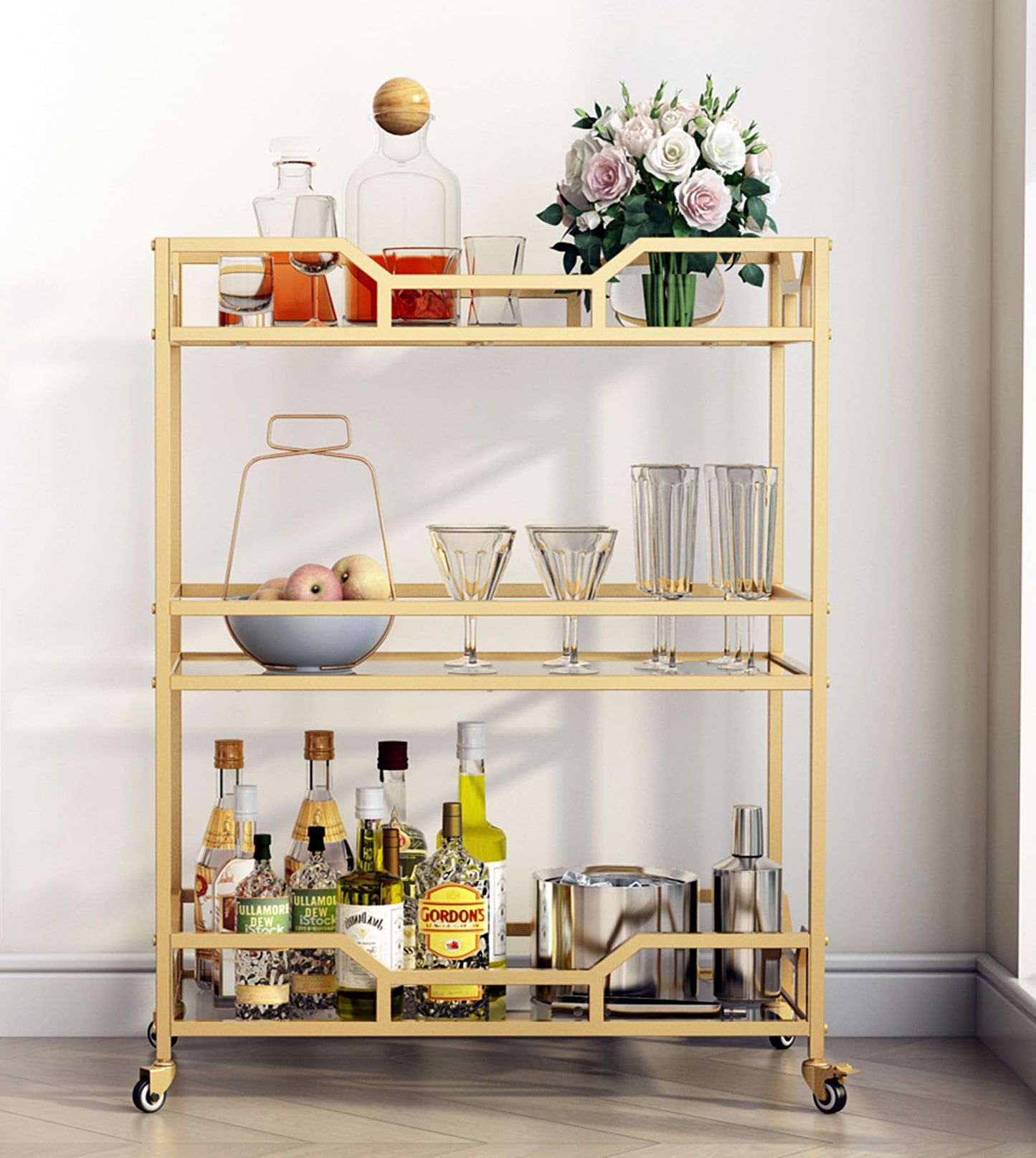 LORMITER Square Gold Bar Carts with 3 Tier Storage Glass Shelves Holder Home Serving Bar Carts on Wheels for Kitchen, Bar, Dinning Room