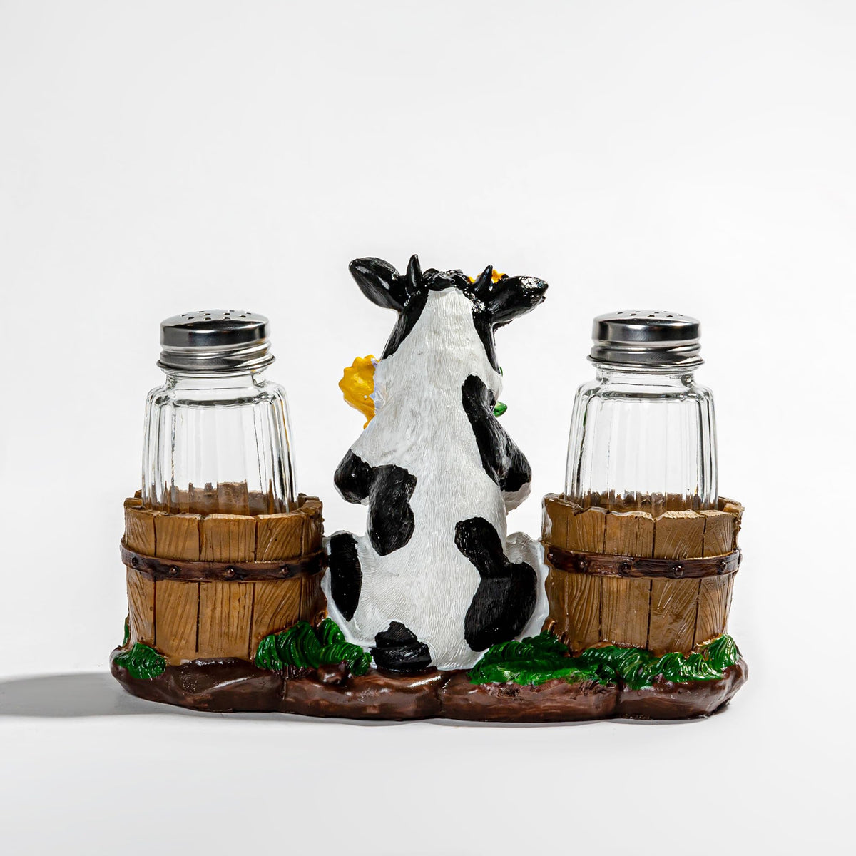Rustic Farm Cow Salt and Pepper Shaker Holder with Glass Jars