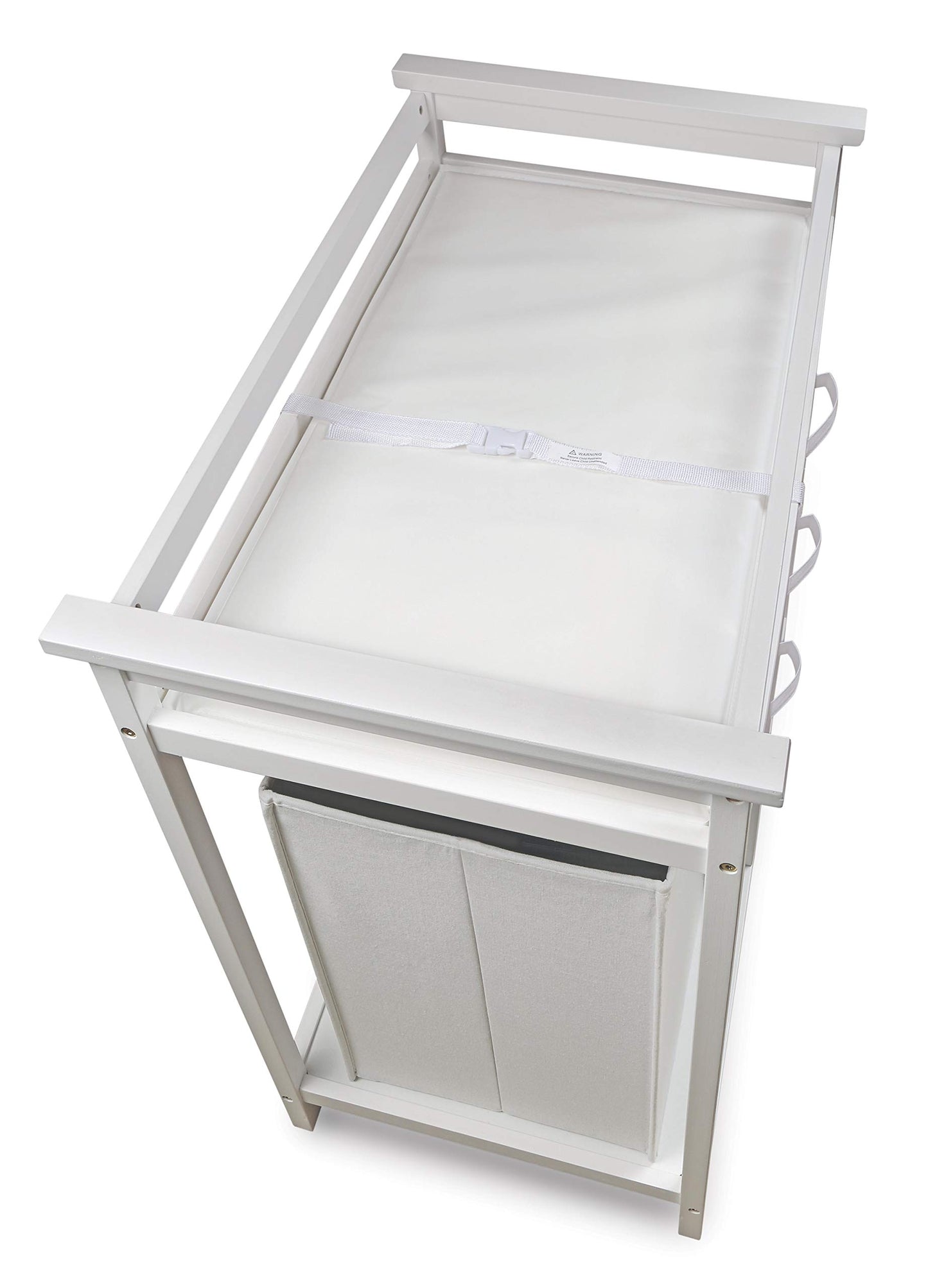 Badger Basket Modern Baby Changing Table - Nursery Furniture with Laundry Hamper and 3 Storage Drawers - Diaper Changing Station with Safety Belt, Changing Pad, and Organizer Baskets - White