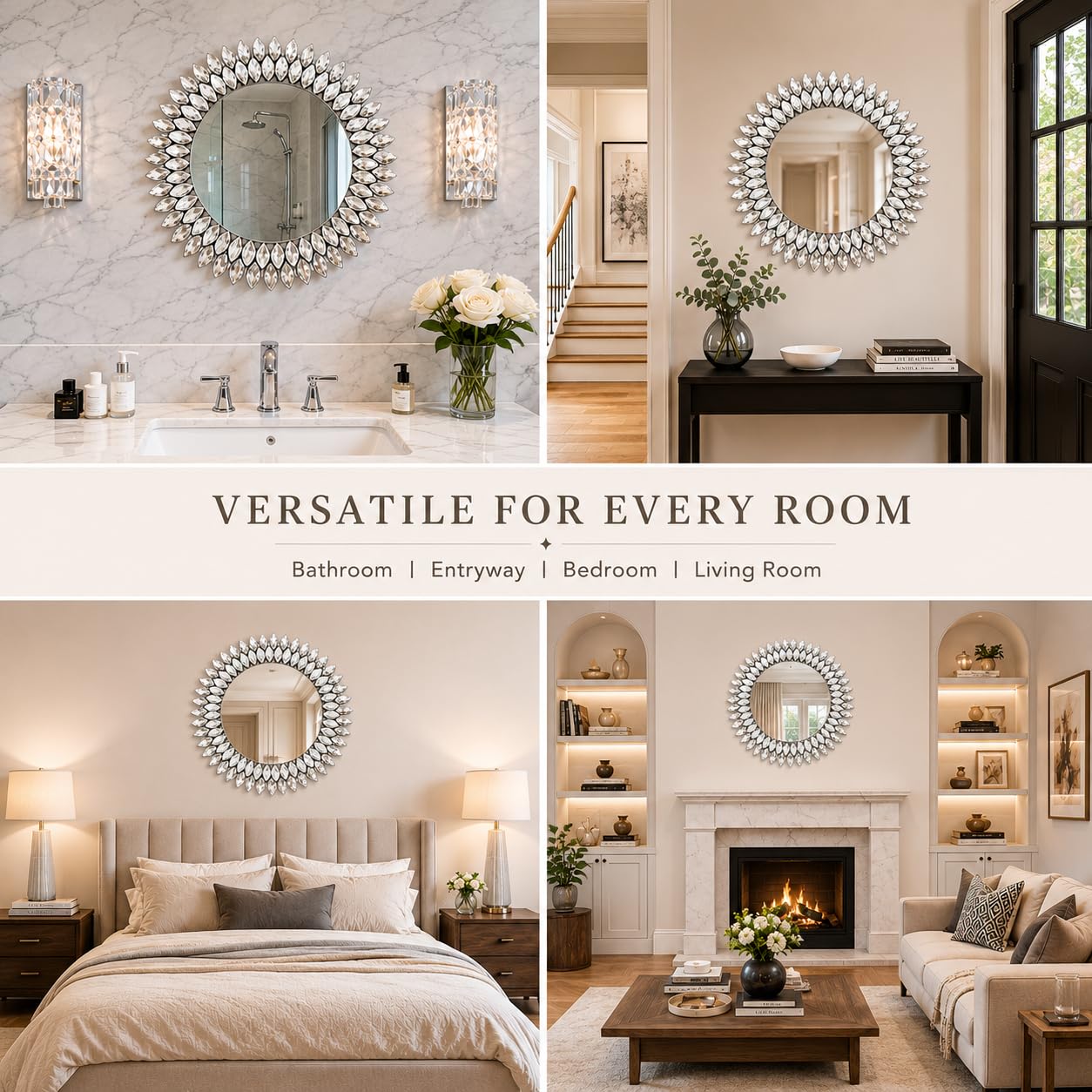 HMANGE Jeweled Luxury Crystal Diamond Round Wall Mirror, 24"x24" Decorative Wall Mirror, Crystal Vanity Mirror for Bathroom, Entryway, Living Room & Fireplace Decor