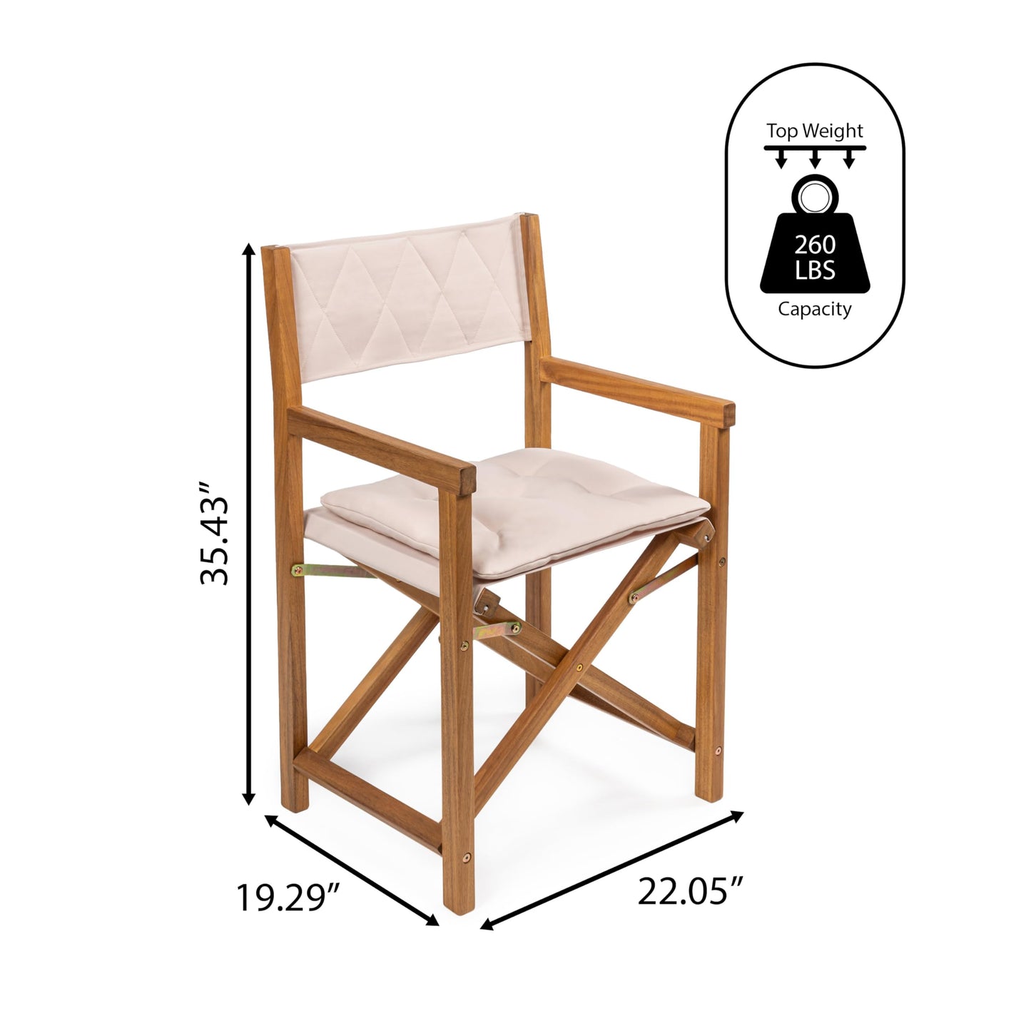 JONATHAN Y Waldo Acacia Wood Outdoor Director Chair Set of 2 for Patio & Balcony, Foldable Coastal Armchair with Beige Diamond-Quilted Cushions, Teak Brown DRC1002A-SET2