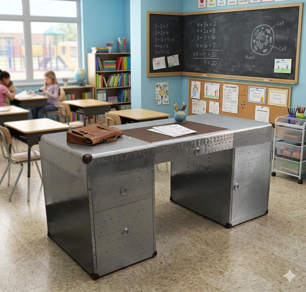 ARTIZANSTORE Aviator Furniture – Handcrafted Riveted Aluminum Aviation Desk | Industrial Office Table