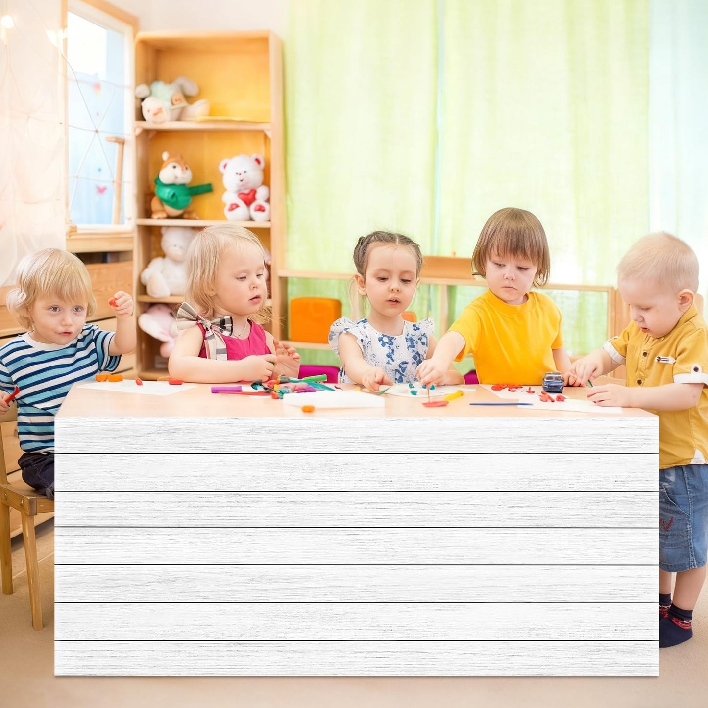 6FT White Wood Table Skirt Teacher Desk Skirt Classroom Table Cover for Back to School Decor Classroom Tables Cloths for First Day of School Supplies Office Bookcase Cabinet Decorations