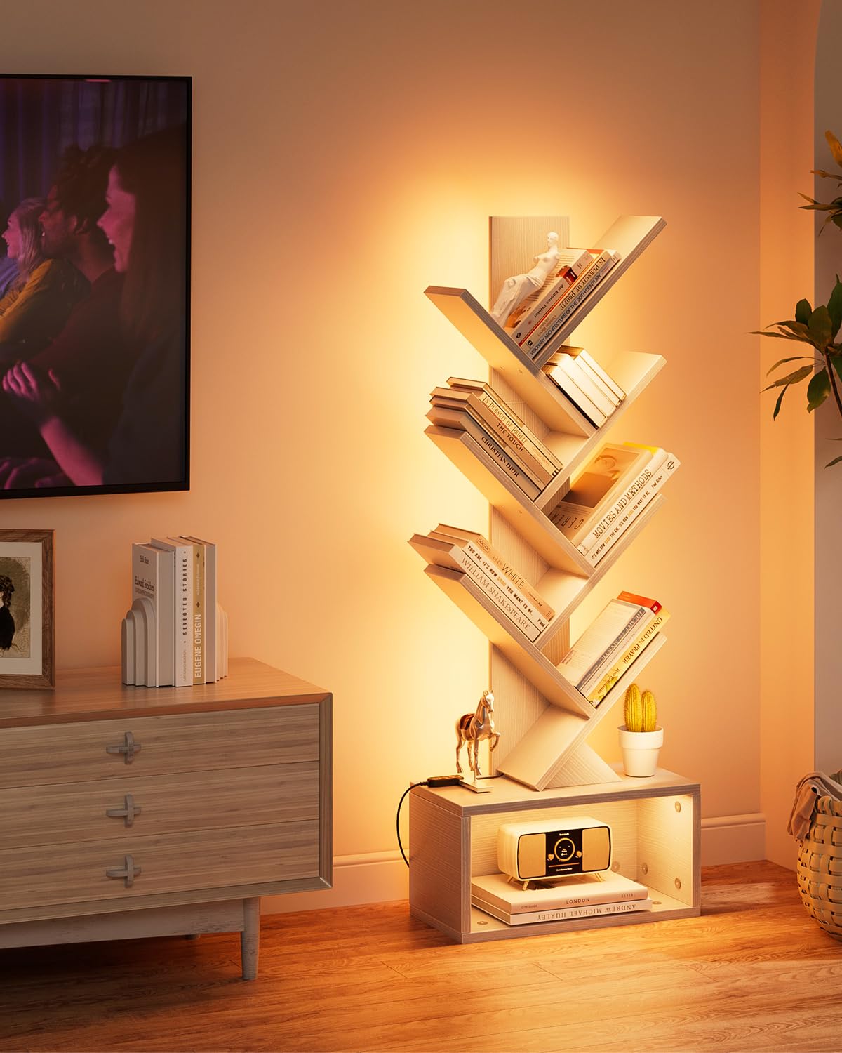 Evermagin 6 Tier Tree Bookshelf with Lights, LED Book Tree Bookcase with Storage Organizer, Small Corner Bookshelf Floor Standing Book Shelf for Living Room, Bedroom & Home Office, White