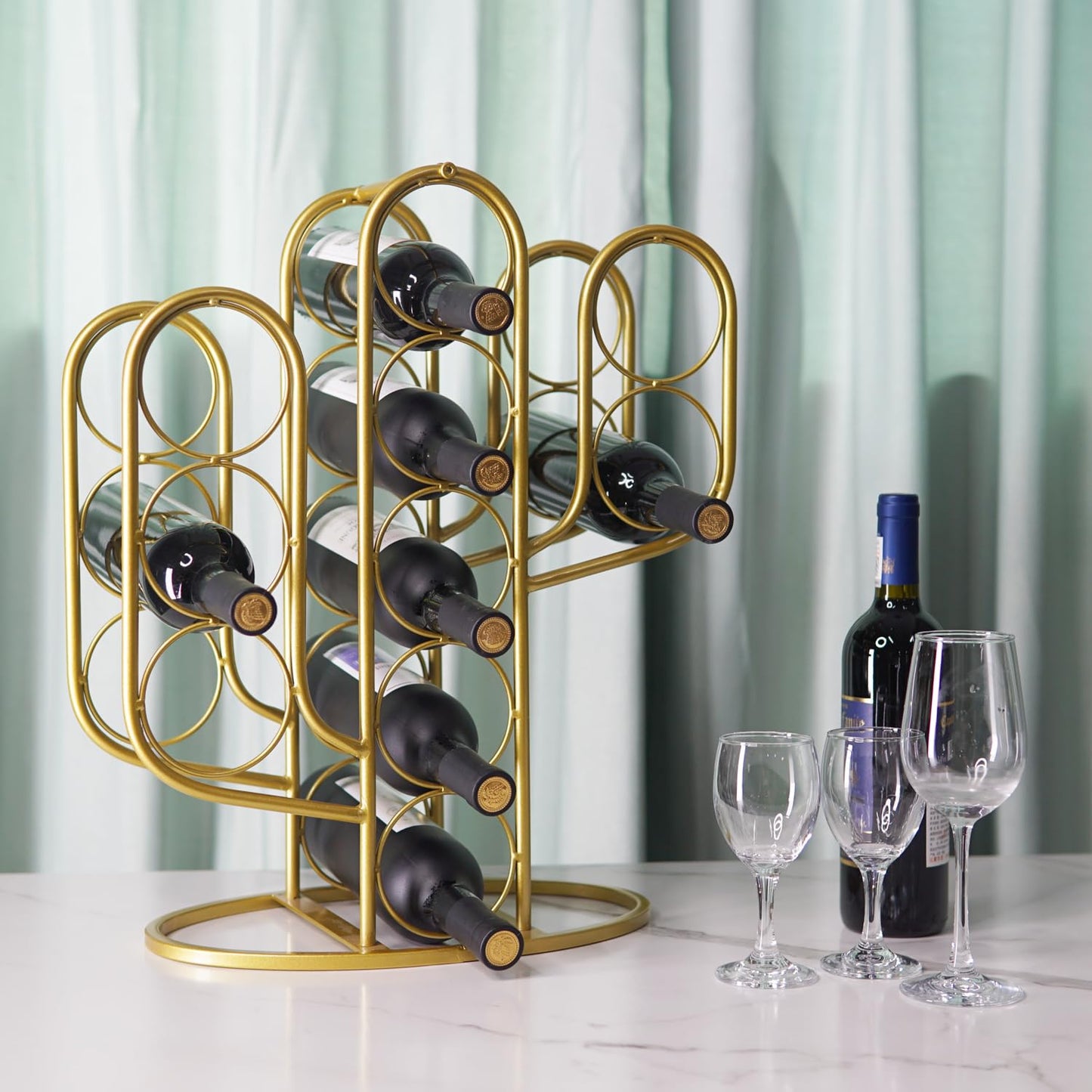 Mandaiter 10 Bottles Wine Rack, Decorative Metal Cactus Wine Holder Storage for Countertop, Desktop Wine Bottle Display Rack for Home, Kitchen, Bar, Cellar (Golden)
