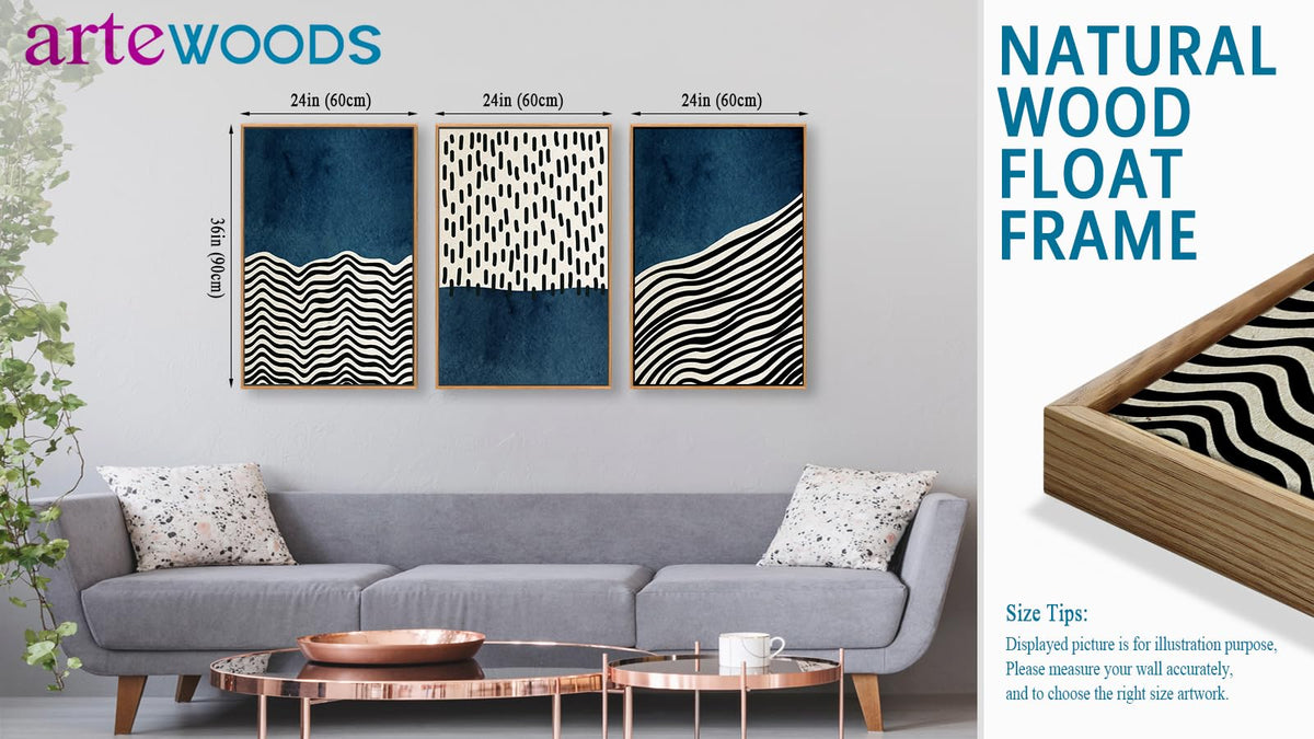 Framed Wall Art Canvas Set Mid Century Boho Picture Modern Abstract Geometric Lines Wall Decor Minimalist Black Indigo Canvas Painting Artwork Living Room Bedroom Home Office 24"x36"x3 Natural