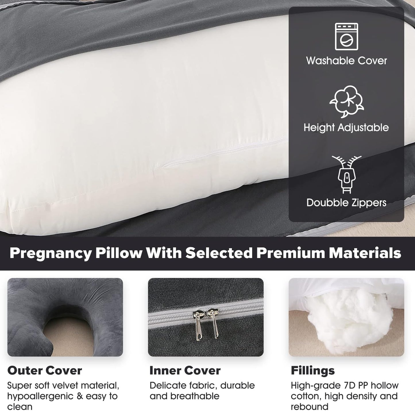 BATTOP Pregnancy Pillows for Sleeping, Full Body Maternity Pillow for Side Sleeping, Support for Back, Legs, Belly, Hips, 57 Inch Pregnancy Pillow with Removable Cover, Black