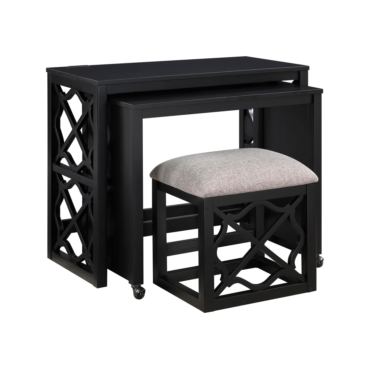 Lexicon Space-Saving Home Office Wood Desk Set, Modern Makeup Vanity Desk with Padded Vanity Stool, USB Charging Port, Nesting Table, Rolling Small Computer Table for Writing/Study/Bedroom, Black