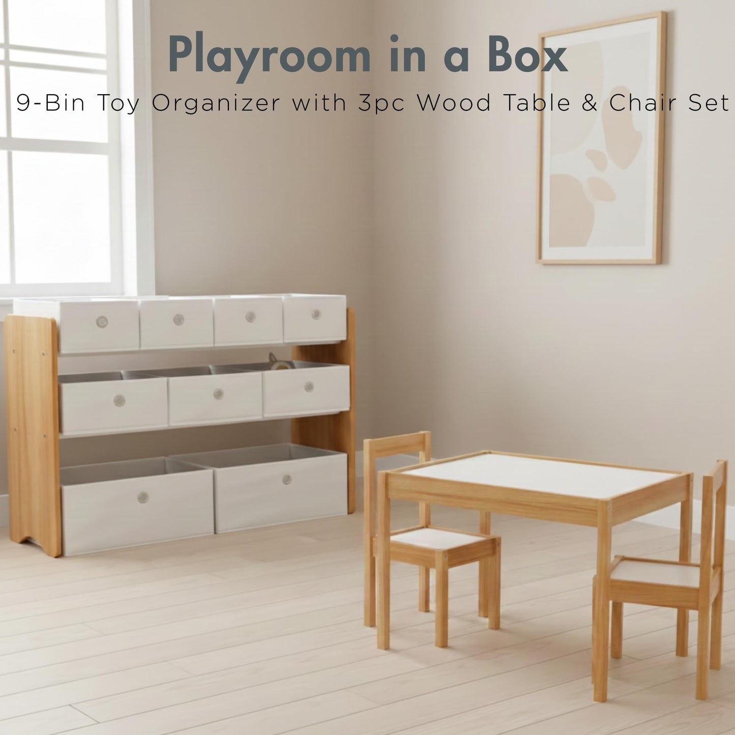 Humble Crew Journey Playroom in a Box, Kids 9 Bin Toy Organizer and 3pc Wood Table and Chair Set, Natural/White