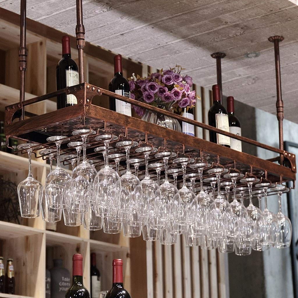 Wine Rack Upside Down Wrought Iron Wine Glass Display Stand for Home Bar Office J1028 Retro Copper 80cmX35cm