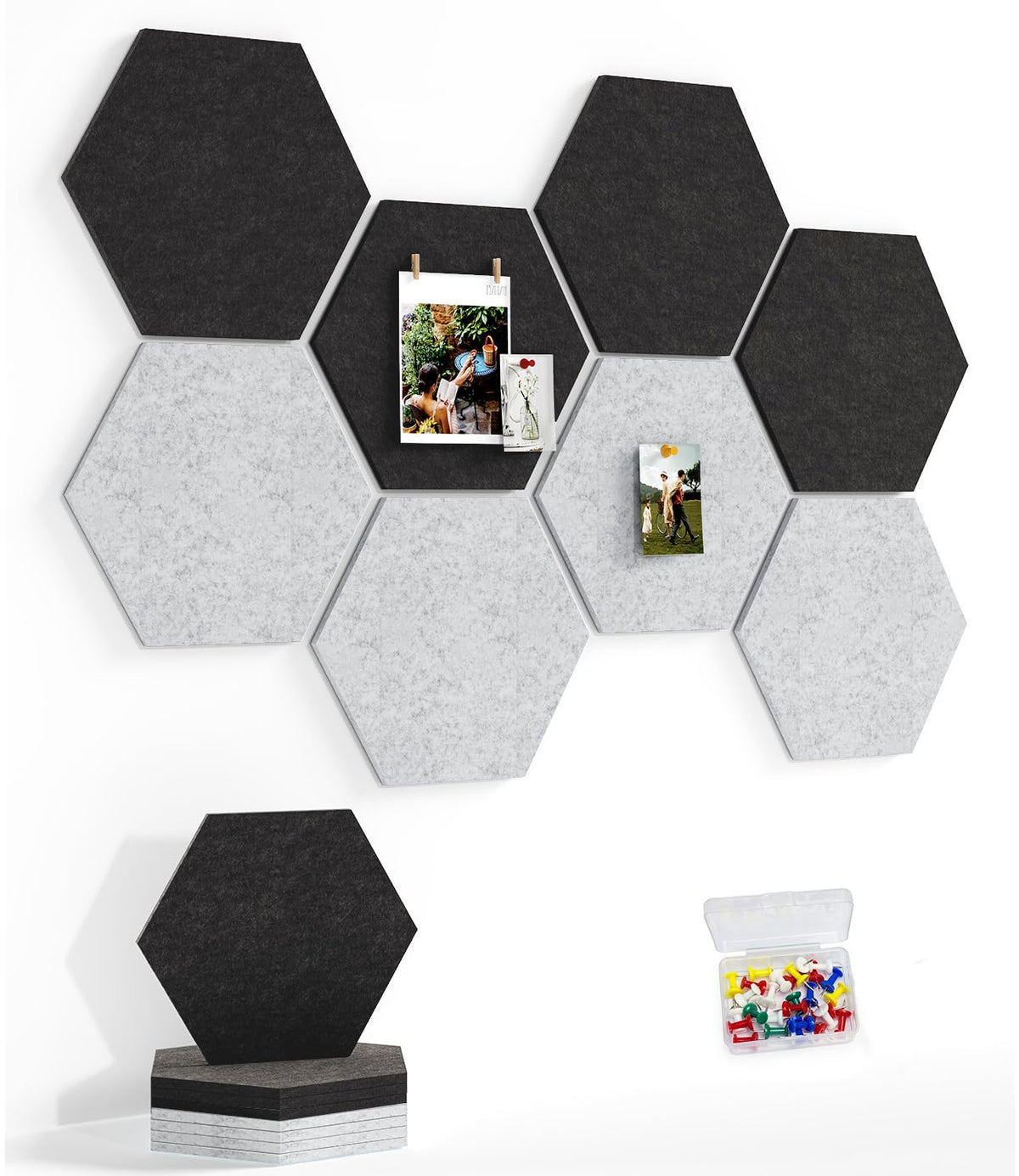 Uoisaiko 8 Pack Hexagon Felt Bulletin Board Tiles - 12" Large Thick Pin Board for Walls with 30 Push Pins, DIY Boards for Office Home School Decor, Aesthetic Hex Cork Board Alternative
