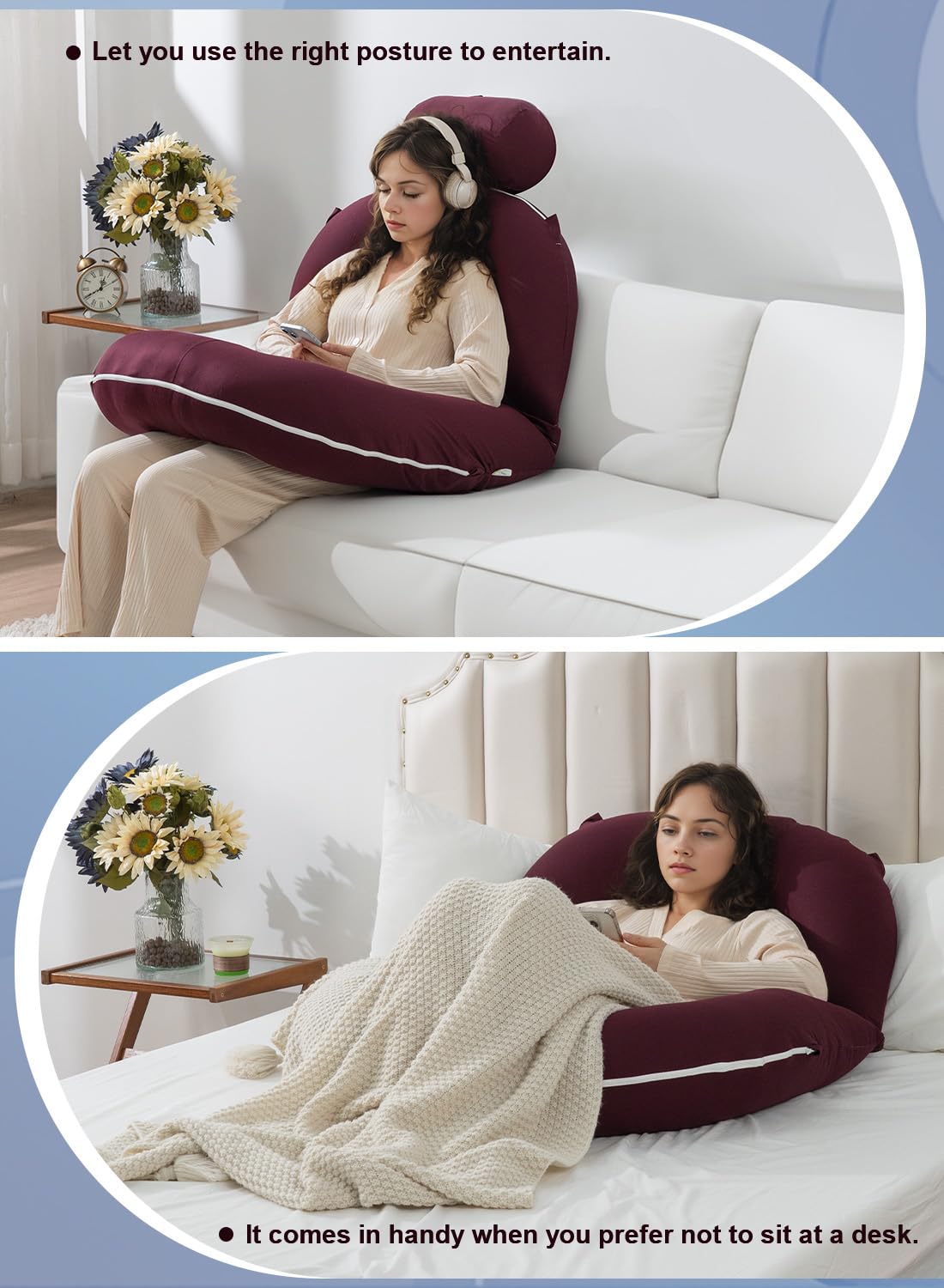 INSEN Reading Pillow, Back Pillow for Sitting in Bed for Reading, Nurse & Relax, Reading Pillow for Adults, Moms & Kids, Sit Up Pillow for Bed, Dark Purple