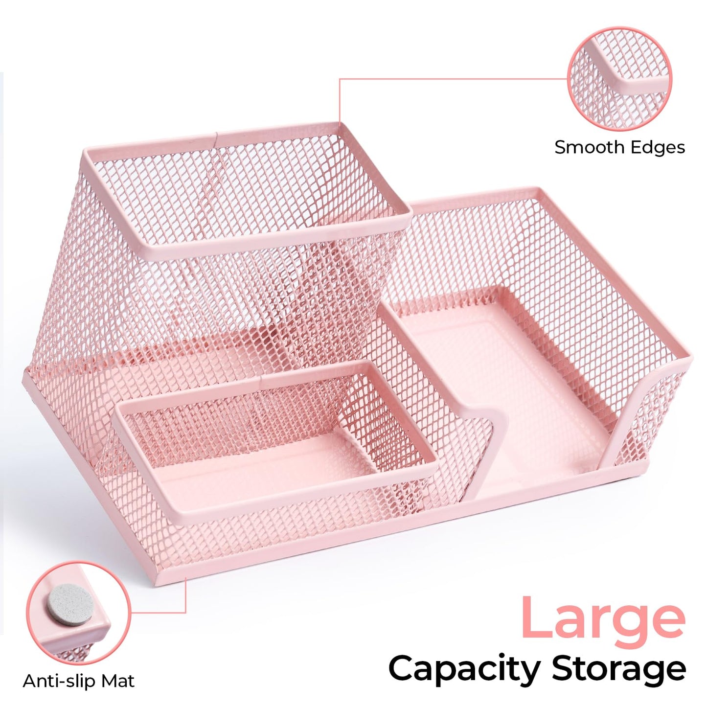 M&G Mesh Pen Holder Desk Organizers Pencil Holder for Desk Pink, 3 Compartments Metal Office Supply Organizer with Sticky Notes Holder for Home Office