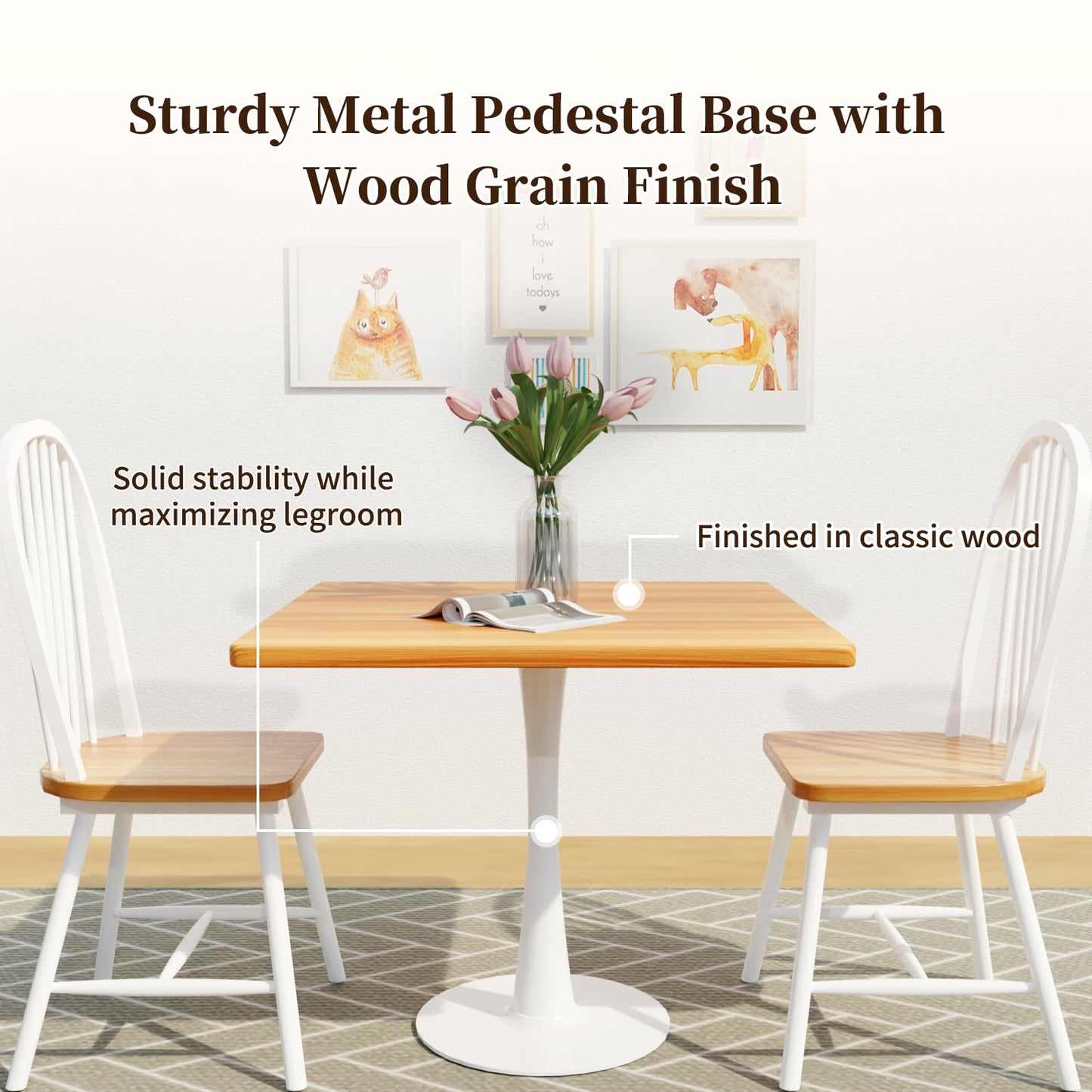 23.6" Square Small Dining Table for 2, Tulip Bistro Table with White Metal Pedestal Base, Modern Mid-Century Compact Kitchen Dining Piece for Home, Café, Restaurant, or Office