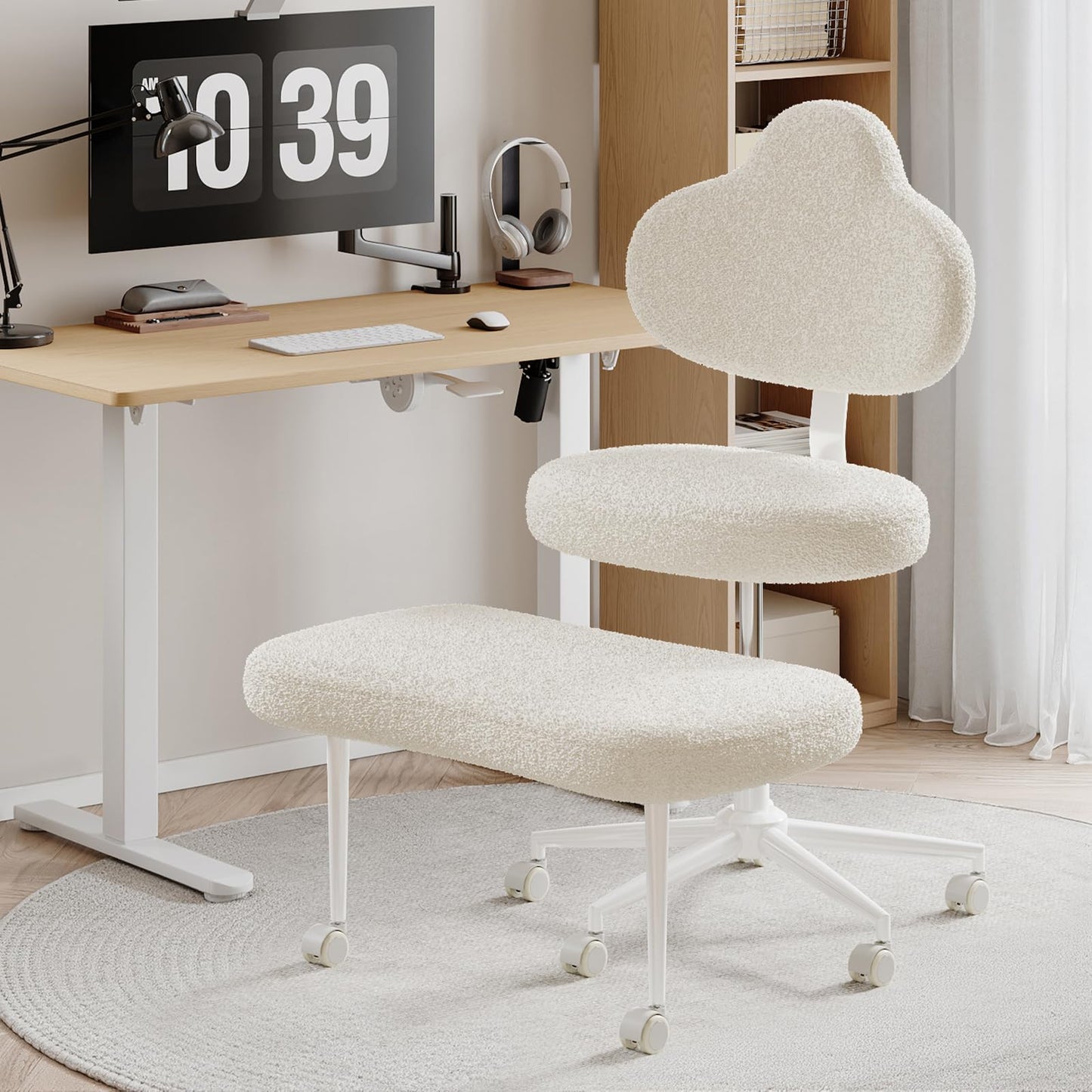 Cross Legged Office Chair with Wheels for ADHD, Ergonomic 360° Swivel Height-Adjustable Meditation Chair for Yoga, Kneeling Chair with 4 inch seat Cushion and Lumbar Support, Teddy Fabric, Off White