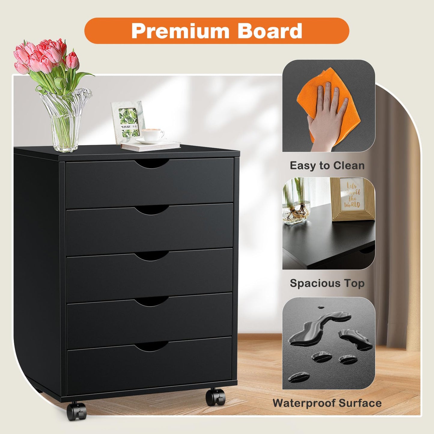 Alpen 5 Drawer Mobile File Cabinet Under Desk Storage Organization with Wheels Vertical Filing Chest Rolling Wood Small Desk Printer Stand for Home Office, Black