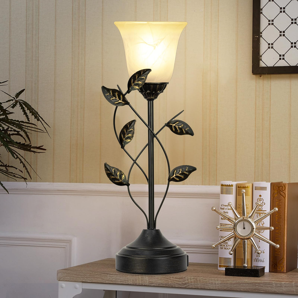 20 Inch Table Lamp for Bedroom with White Glass Shade, Retro Leaf Design Bedside Lamps Set of 2, 3-Way Dimmable Touch Control Lamps for Night Stands with USB C+A Charging Ports for Bedroom Living Room