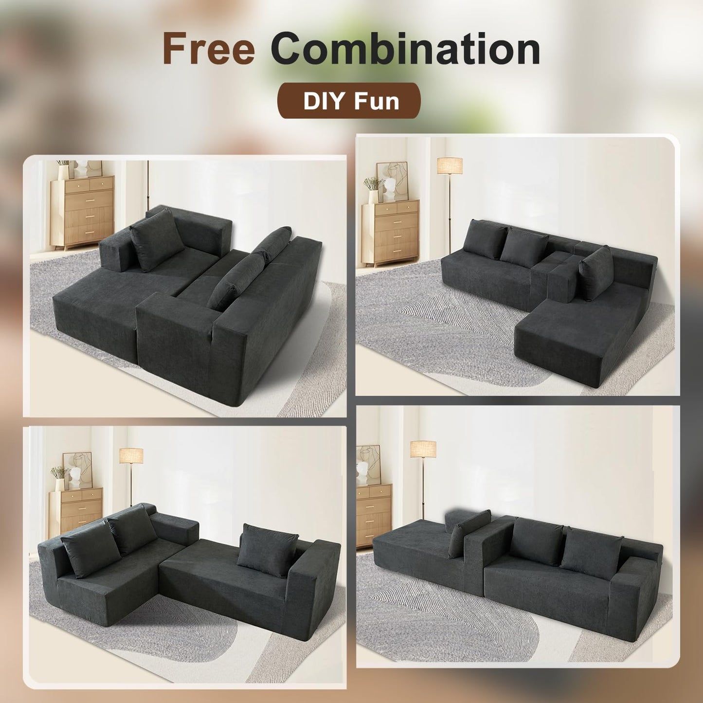 Nigoone 103" Cloud Sectional Couches for Living Room, Boneless Couch with Chaise, Modern Minimalist Modular Couch, Free Combination Deep Seat Corner, No Assembly Required, Dark Grey