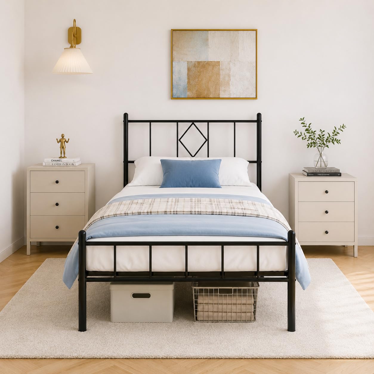 Bervinome Twin Size Platform Bed Frame, Heavy Duty Metal Bed Frame with Headboard, Steel Slat Support, Under Bed Storage Space, Easy Assembly, No Box Spring Needed, Black