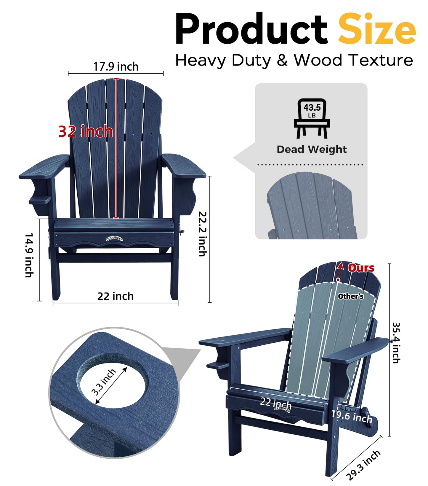 CLOUDEEP Folding Adirondack Chairs, HDPE Plastic Adirondack Chair with Cup Holder Weather Resistant, Wood Texture Outdoor Fire Pit Chairs for Patio Garden,Poolside and Deck, Umbrella Hole, Dark Blue