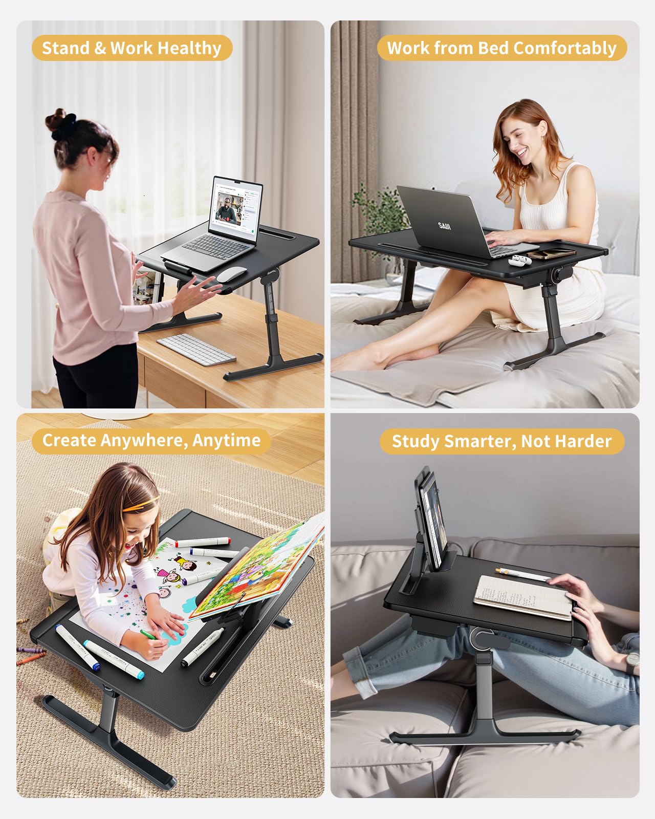 SAIJI Laptop Desk for Bed [Premium XXL Extra Large] with Upgraded Height Angle Adjustable Book Stand,Multi-Purpose Lapdesk Bed Tray Desk for Working Writing Reading Drawing (Black)
