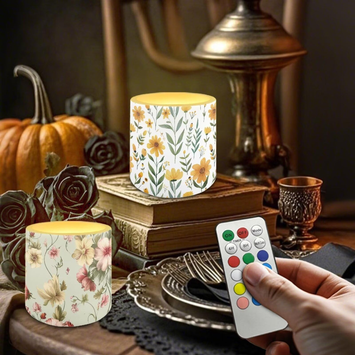 NETILGEN Yellow Floral Print Flameless LED Candles with Remote Timer Control Set of 4 Home Decorative Realistic Flickering Flameless Candles with Battery Powered