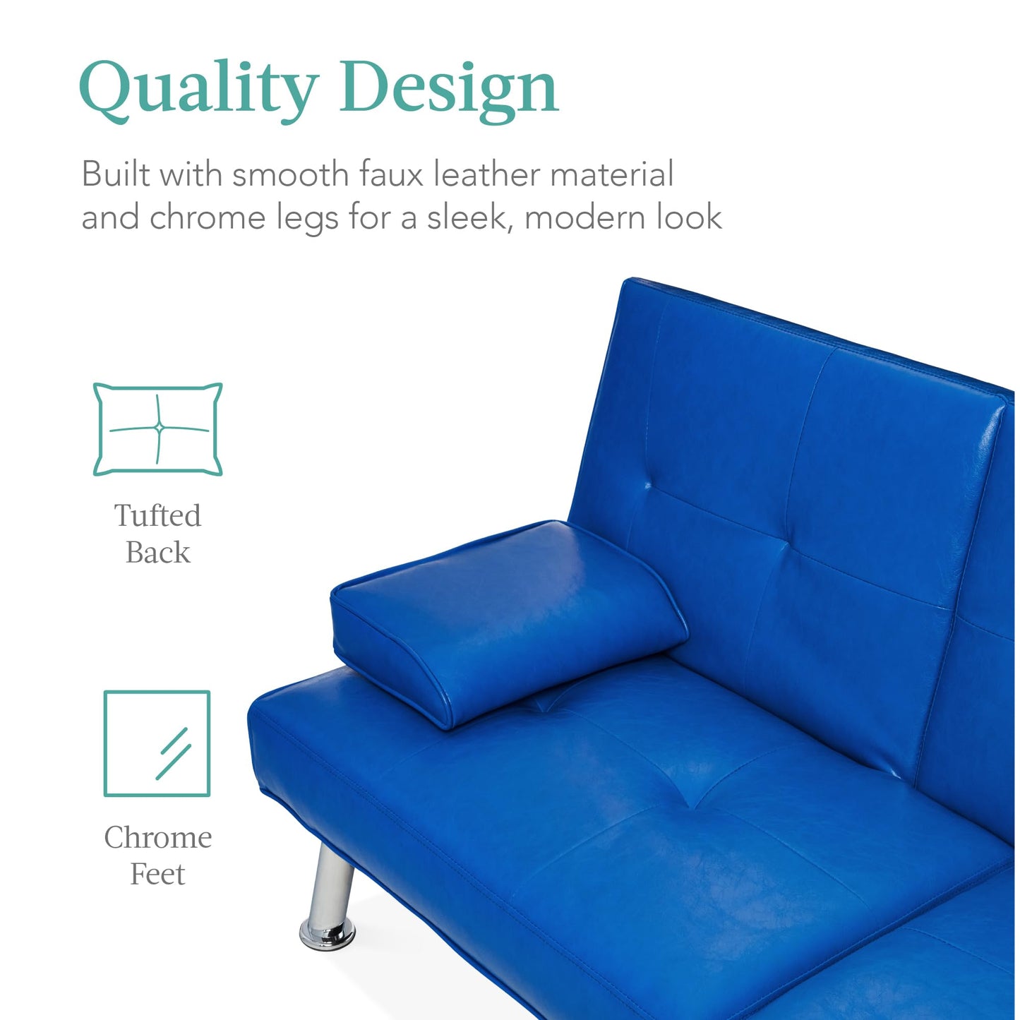 Best Choice Products Faux Leather Upholstered Modern Convertible Futon, Adjustable Folding Sofa Bed, Guest Bed w/Removable Armrests - Royal Blue