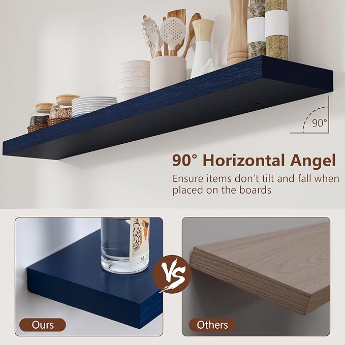 fuqing Dark Blue Floating Shelves 48 Inch, Solid Wooden Wall Shelves Set of 2