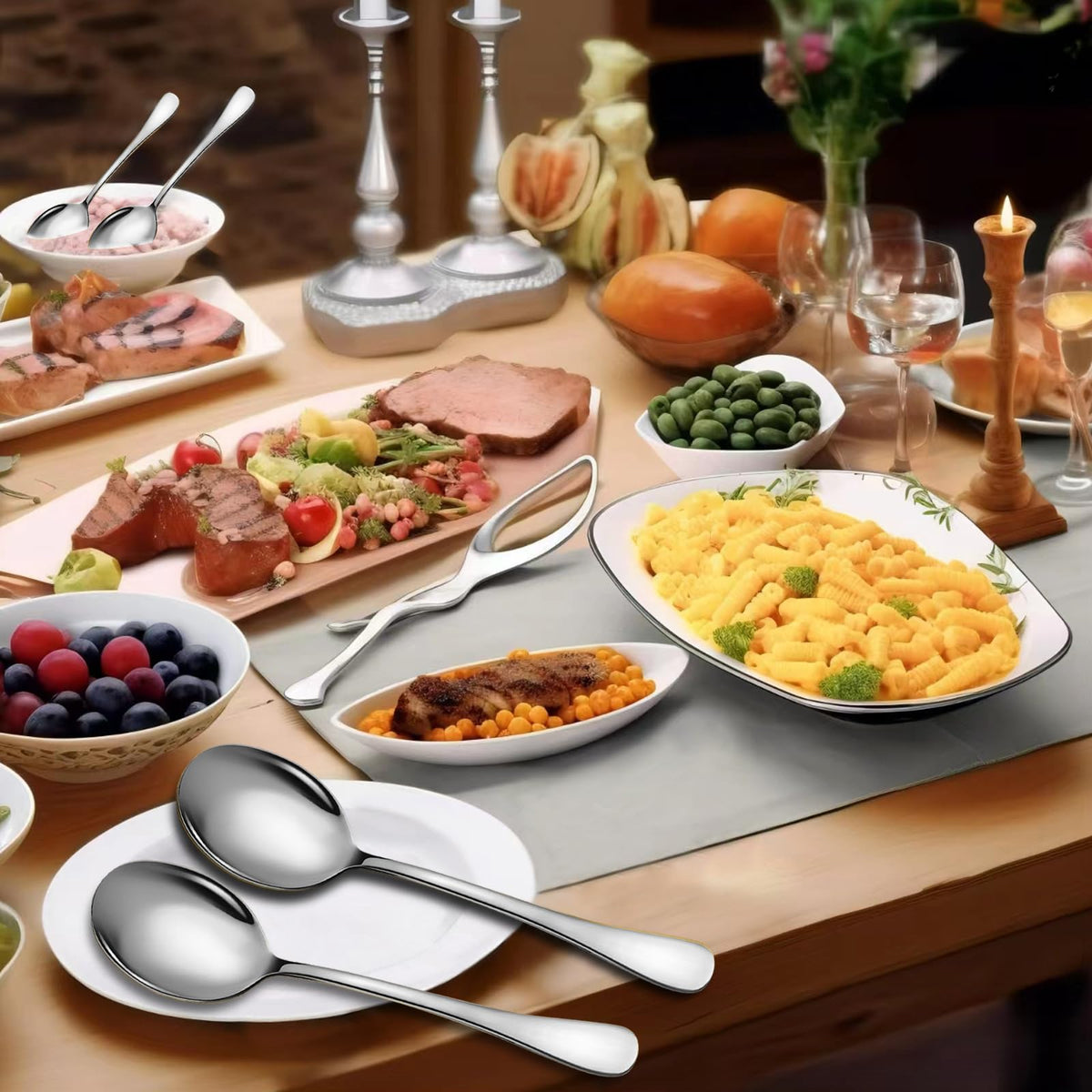 Keyoxy 4 Piece Stainless Steel Serving Spoons Set, 10-Inch, Includes 4 Large Spoons, for Parties/Kitchen/Buffet/Catering, Dishwasher Safe,