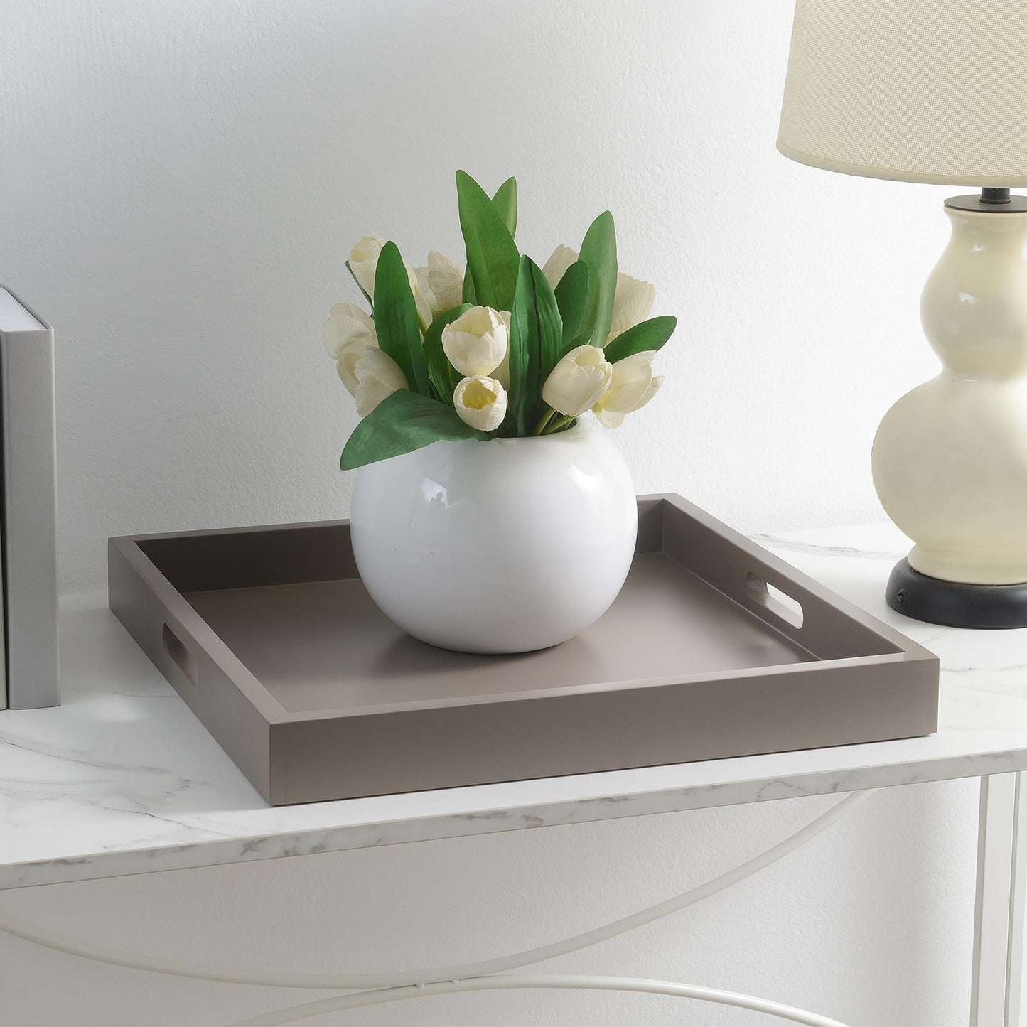Convenience Concepts Palm Beach Serving Tray 16.75" - Kitchen & Living Room Square Wood Decorative Tray with Handles, Ottoman Accent Tray, Coffee Table Tray, Counter Organization & Storage, Gray