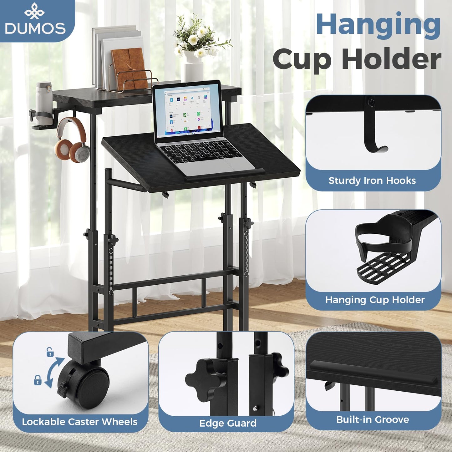 DUMOS Split Top Rolling Standing Desk 23.6 Inch Mobile Laptop Workstation Manual Height Adjustable Sit Stand Office Table Walking Pad Study Surface Portable Home Office Computer Cart Black