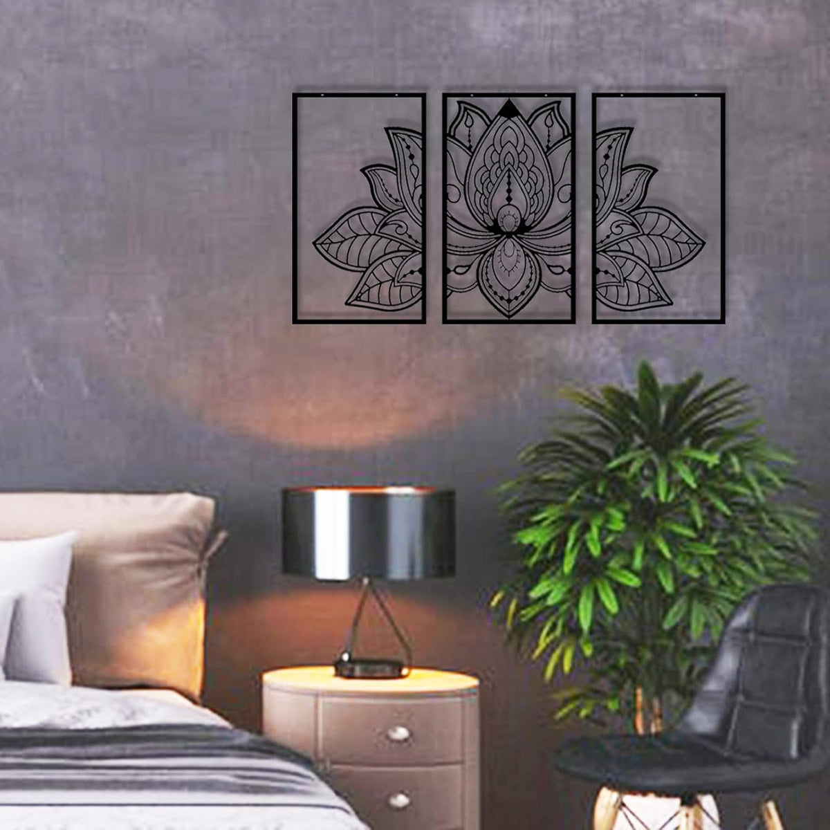 Resama 3 Pcs Lotus Flower Wall Art Decor Metal Mandala Wall Decor Unique Lotus Flower Wall Art for Living Room, Bedroom, Office and Yoga Room Hanging Decor(Black,Large)