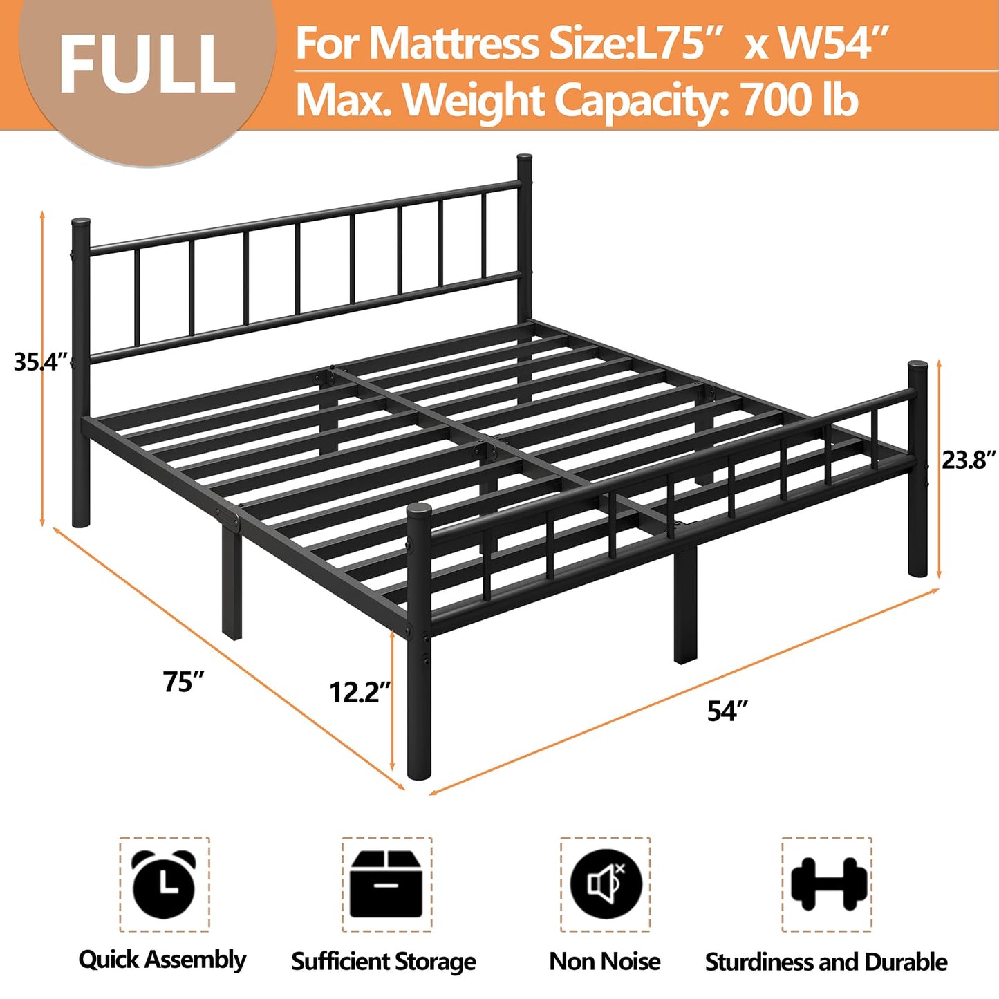 zizin Full Size Metal Bed Frame with Headboard & Footboard 14 Inch Metal Platform Mattress Foundation Support with Steel Slat, Under Bed Storage, No Box Spring Needed